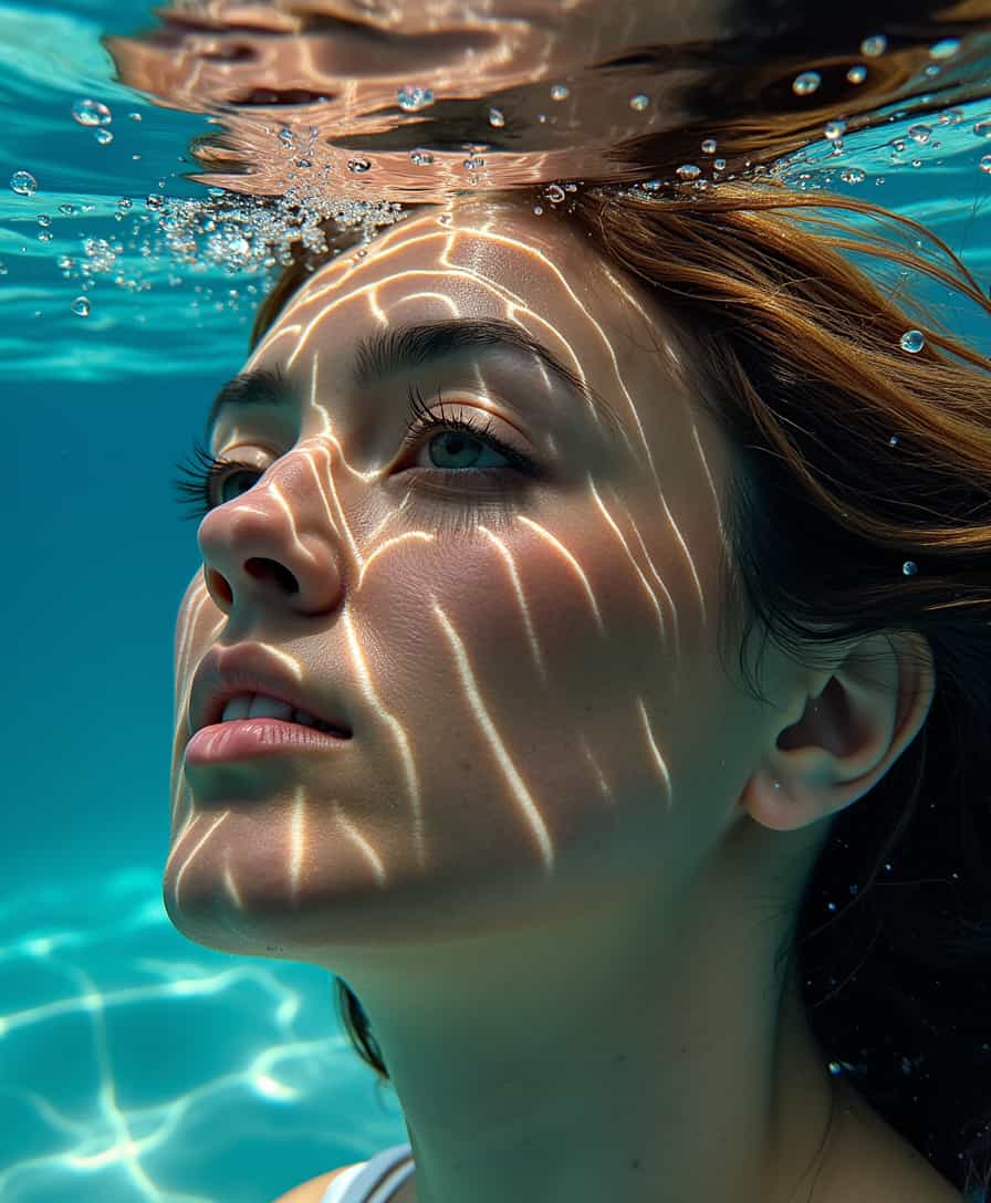 A photo of ALEMAP woman, under water, beautiful instagram model, detailed face, vibrant, colours, realism, high-quality rendering, contrast, tension, high quality, perfect foot, film grain, Fujifilm XT3