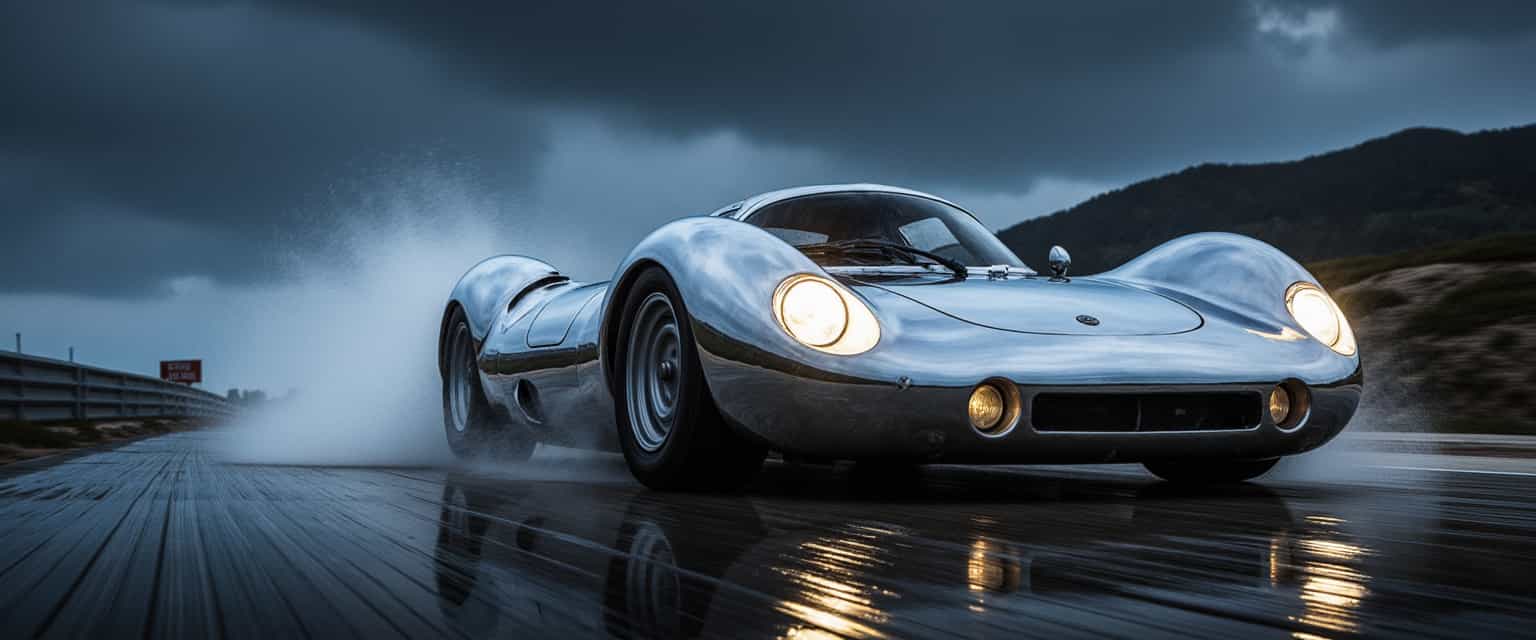Silver Bullet A Classic Sports Car in Motion on a Rainy Day