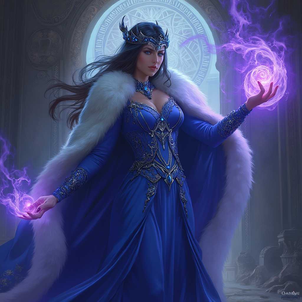 Liliana of the Veil from Magic the Gathering series, standing majestically in front of a large, ornate portal. The portal is intricately designed with ancient runes and glows with a faint, ethereal light. The sorceress is adorned in a royal blue gown with intricate silver embroidery and a lush fur-trimmed cloak that billows slightly as she moves. A matching headpiece crafted from dark metals and encrusted with blue gemstones adorns her head. Her eyes are intense, focused on the swirling purple magical energy emanating from her hands as she casts a powerful spell. The vivid purple energy contrasts sharply with the cool tones of her attire. The scene is bathed in a dim, mystical light, with shadows dancing ominously around her. The background exudes an ancient, otherworldly atmosphere, with the portal casting a spectral glow across the scene. The composition captures a low angle, emphasizing her dominance and the grandeur of the portal behind her. The mood is intense and filled with arcane mystery, as if capturing a pivotal moment in an epic saga. Style: High-fantasy digital art, with a focus on dramatic lighting and intricate details.