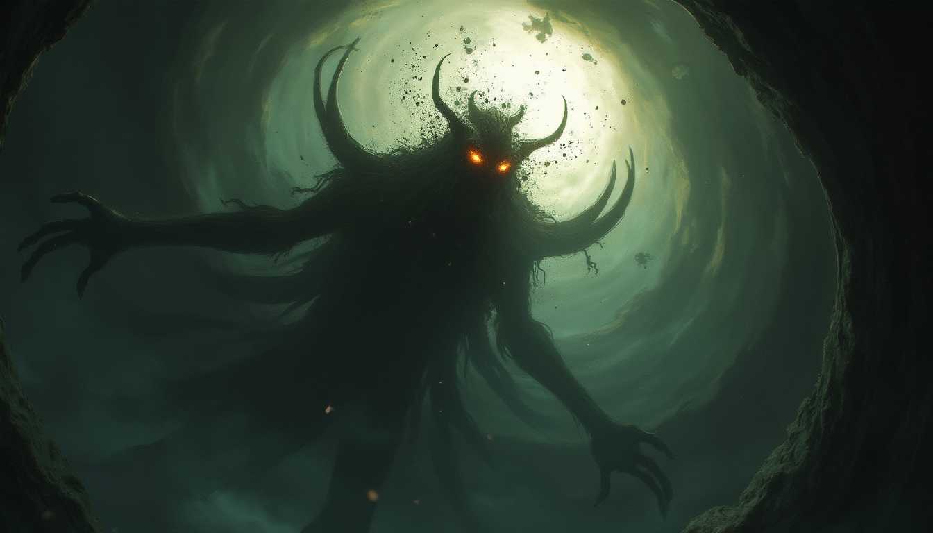 "Suspended in a vortex of swirling darkness, the entity's form contorts and elongates, with its limbs stretching unnaturally, fingers ending in razor-sharp talons. Its eyes, once dim embers, now blaze with malevolent intensity, glowing like the core of a dying star. The ethereal halo around its head has shattered, with fragments spinning violently, creating a chaotic halo of destruction. Highly detailed, dark fantasy, surreal ambiance, dynamic composition, chiaroscuro lighting, high contrast, atmospheric perspective, focus on textures and dramatic expression, inspired by the works of H.R. Giger and Zdzisław Beksiński."