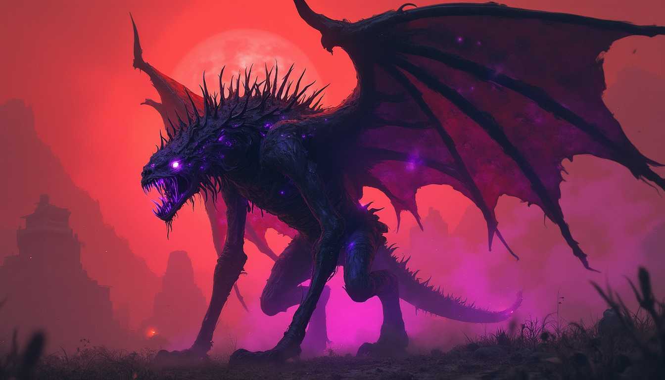 Vibrant Purple and Red Dragon in a Surreal Sunset Landscape