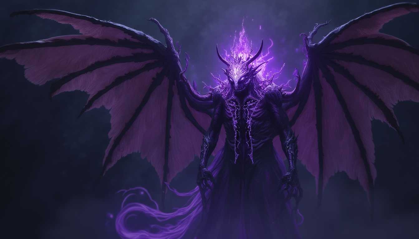 In a darkened void, the being hovers, its wings spread wide, with each feather now delicately outlined with a soft, bioluminescent purple glow. The crown on its head shimmers subtly, the jagged edges refined with glowing purple energy. Along its muscular form, intricate, glowing runes begin to etch themselves, enhancing the sense of ancient power without altering its core structure. The tendrils that extend from its back now pulsate with a faint purple light, adding an ethereal touch to its already imposing presence. inspired by the works of H.R. Giger and Zdzisław Beksiński."