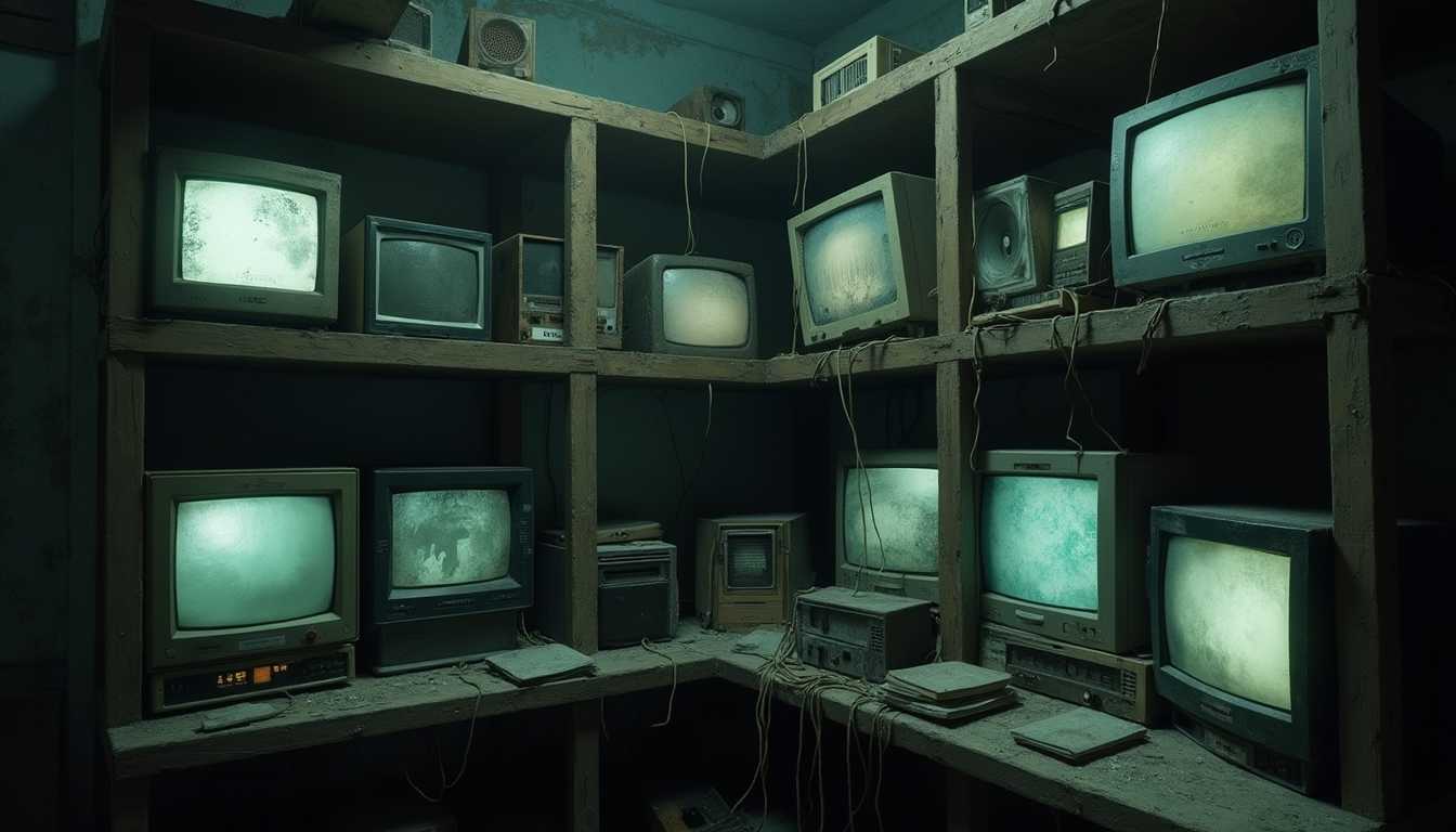 Create an image of dusty shelves filled with old, vintage monitors and televisions, all turned on and displaying static or faint images. The screens emit a soft, flickering glow, casting eerie shadows across the room. The devices are covered in a thin layer of dust, with some wires hanging loosely. The shelves are made of aged wood, and the entire scene has a nostalgic, slightly eerie atmosphere, as if frozen in time. The room is dimly lit, adding to the vintage, almost abandoned feel.