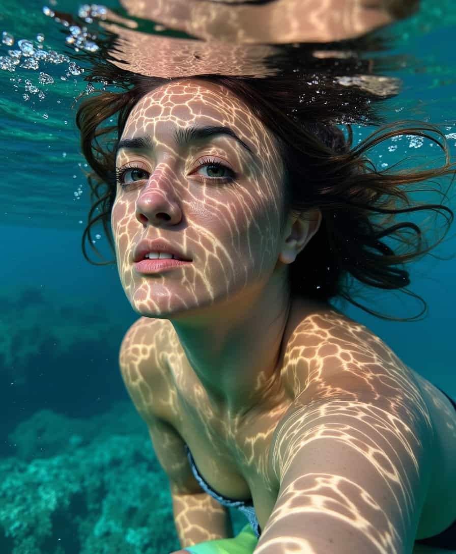 Sunlit Serenity A Womans Portrait Beneath the Seas Surface