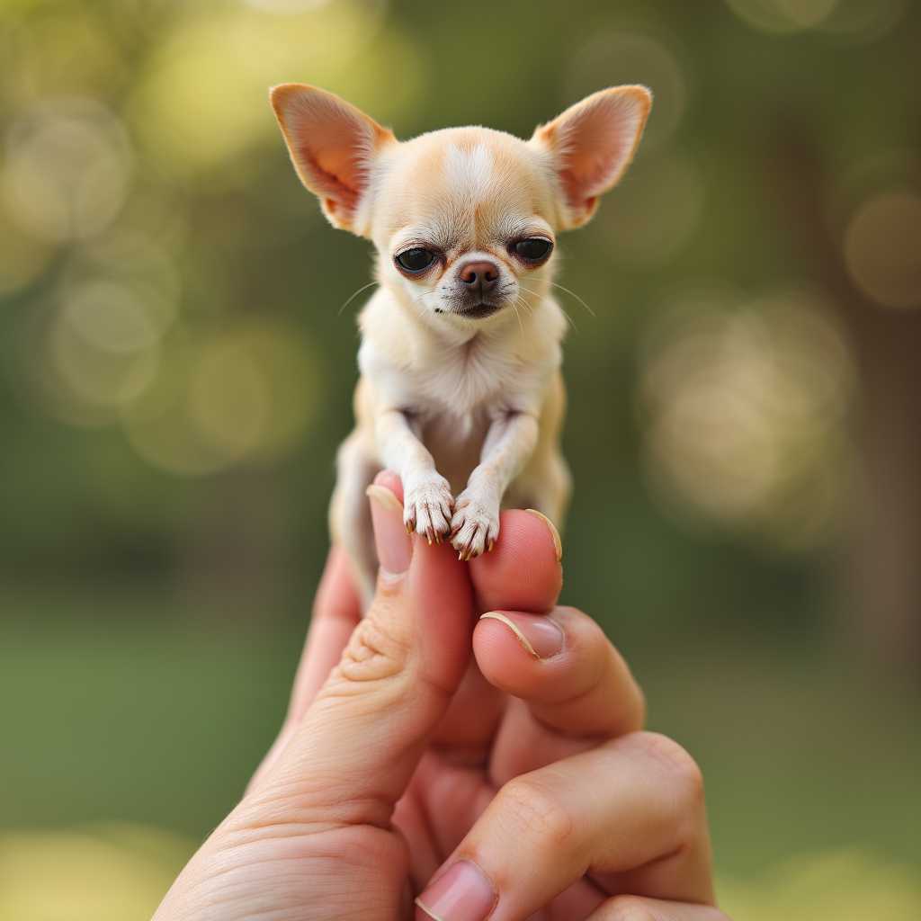 a photo of SIA dog, A highly detailed and vibrant photo of a Chihuahua with light brown fur, named SIA, sitting perfectly balanced on the tip of an upright human finger. The Chihuahua is extraordinarily small, about the size of a coin, making her appear incredibly delicate and miniature. The background is softly blurred to emphasize her tiny size, while her big, expressive eyes and pointed ears add to her charm. The natural lighting warmly highlights her soft fur, creating a cozy and inviting atmosphere, with the finger and dog in sharp focus against the blurred backdrop.