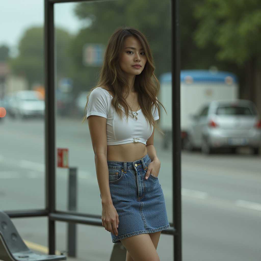 Chic and Casual A Fashionable Lady at the Bus Stop