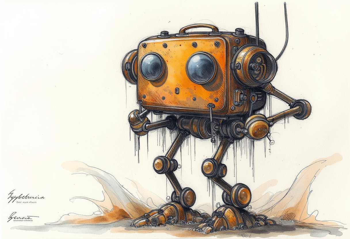 A watercolored sketch of imaginary steampunk robot with big eyes made from cameras by Benoit