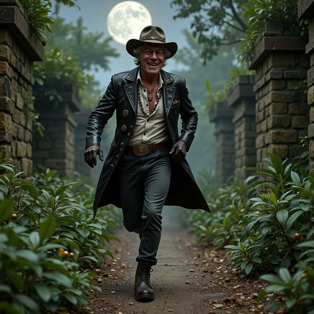 **Photorealistic Cinematic Portrait, High-Resolution Masterpiece Quality**

- **Subject and Action**: Focused on SteffN, an elegant, rugged 50-year-old man, in mid-laugh, running directly towards the camera on a jungle pathway. His confident, heroic grin signals he’s the hero of this adventure. SteffN is wearing a dirty black leather jacket adorned with authentic Aztec symbols, over a dirty white shirt embroidered with Quetzalcoatl patterns. He completes his look with black leather military boots, black gloves with red stitching, and a coal-black cowboy hat detailed with a hatband featuring Aztec glyphs and small Aztec accessories. Transparent, smoke-colored reflective glasses with a coal-black frame cover his eyes, adding a steampunk and Indiana Jones vibe. In his right hand, he holds an ornamented, glowing snake-shaped artifact. In his left, a treasure map.

- **Background and Composition**: The pathway is surrounded by ancient Aztec temple ruins covered in moss, crawling jungle plants, and flowers. The background features the Nazi soldiers chasing SteffN on foot, shooting at him with visible bullets flying close by, just like the Matrix's iconic bullet-dodging scene. The setting includes an ancient Aztec temple illuminated by moonlight, with gargoyles, sandstone sculptures of Aztec deities, fading hieroglyphs, snakes, caterpillars, spiders, and rats. The atmosphere is eerie and horror-filled, with torches burning on the walls casting an orange glow, creating long shadows in a film noir style. The image should have volumetric moonlight, a masterpiece level of detail, best quality, high resolution, sharpness, and contrast.Ancient sandstone sculptures of Aztec deities, gargoyles, fading hieroglyphs, and torches burning on walls add to the ambiance. Torches cast an orange glow creating long shadows, enhancing the