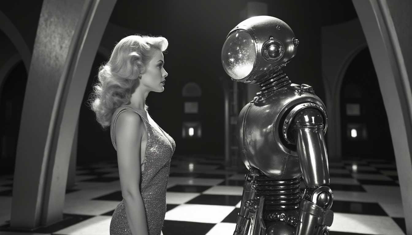 In this still frame from a 1950's science fiction movie, a beautiful blonde actress with wavy hair styled in a glamorous 1950s fashion, wearing a very short, shimmering metal mesh dress with a plunging neckline that sparkles under the lights, is positioned at the center of the frame. She is seen talking to a large humanoid robot with a glass dome for a head. Inside the dome, twinkling lights flicker, giving the robot an almost sentient presence. The robot, made of shiny metal, has articulated arms and legs, and stands facing the actress. 

The scene is set inside an alien laboratory, depicted with grandiose, futuristic architecture. Large vertical structures traverse the space, casting elongated shadows on the black and white checkerboard floor that is highly reflective, creating an almost surreal visual effect. The lighting is dramatic, with high contrast typical of the black and white film era, highlighting the reflective surfaces and the intricate details of the laboratory equipment scattered around. The overall mood is tense and mysterious, capturing the essence of classic science fiction, with an air of suspense and otherworldly intrigue.