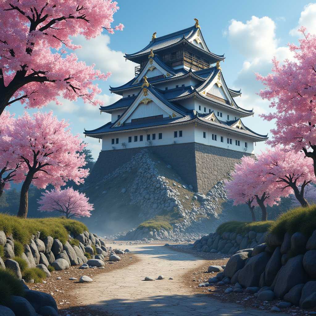 Cherry Blossom Pathway to a Japanese Castle
