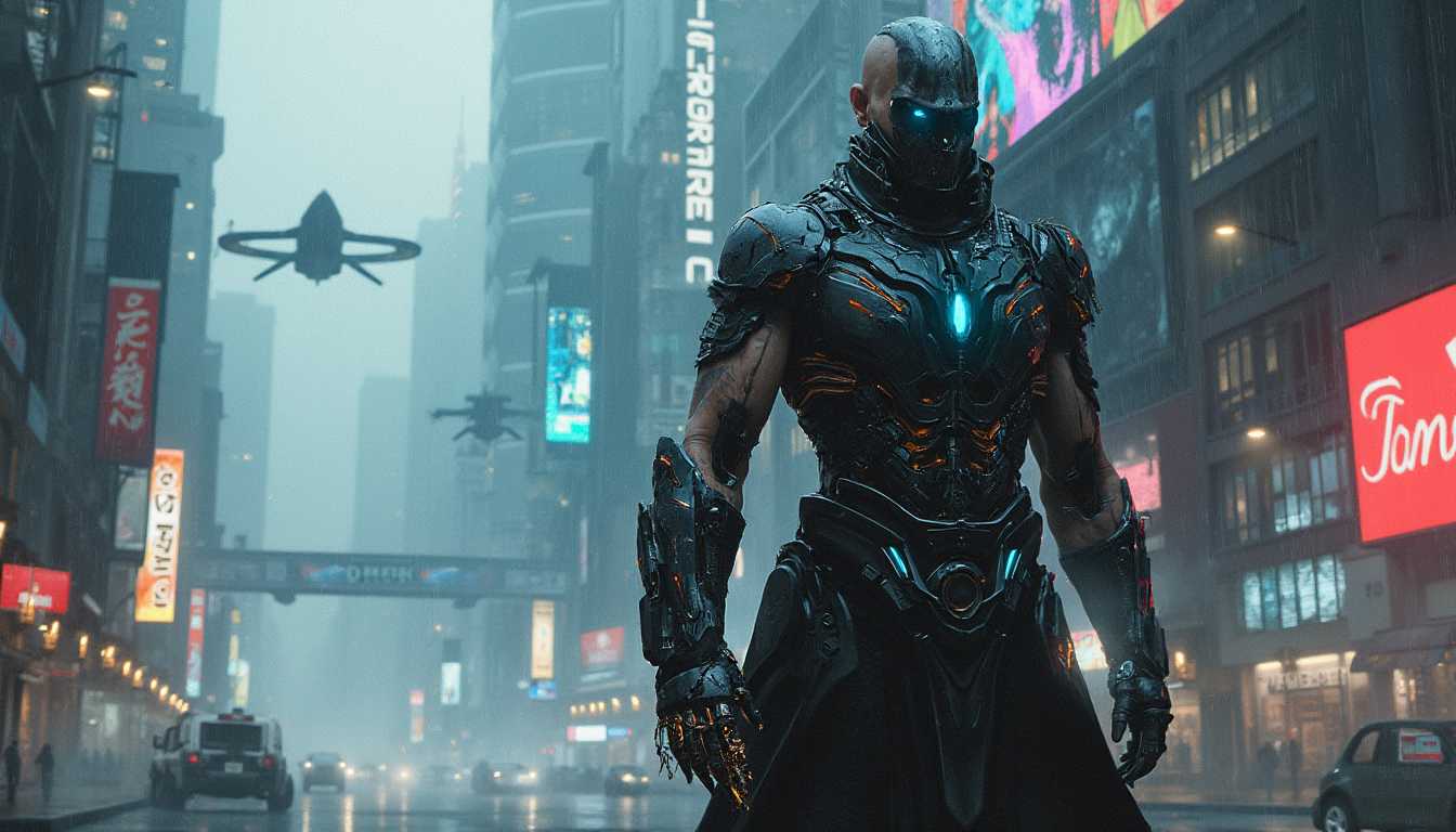 Advanced Armor Warrior in a Futuristic Cityscape