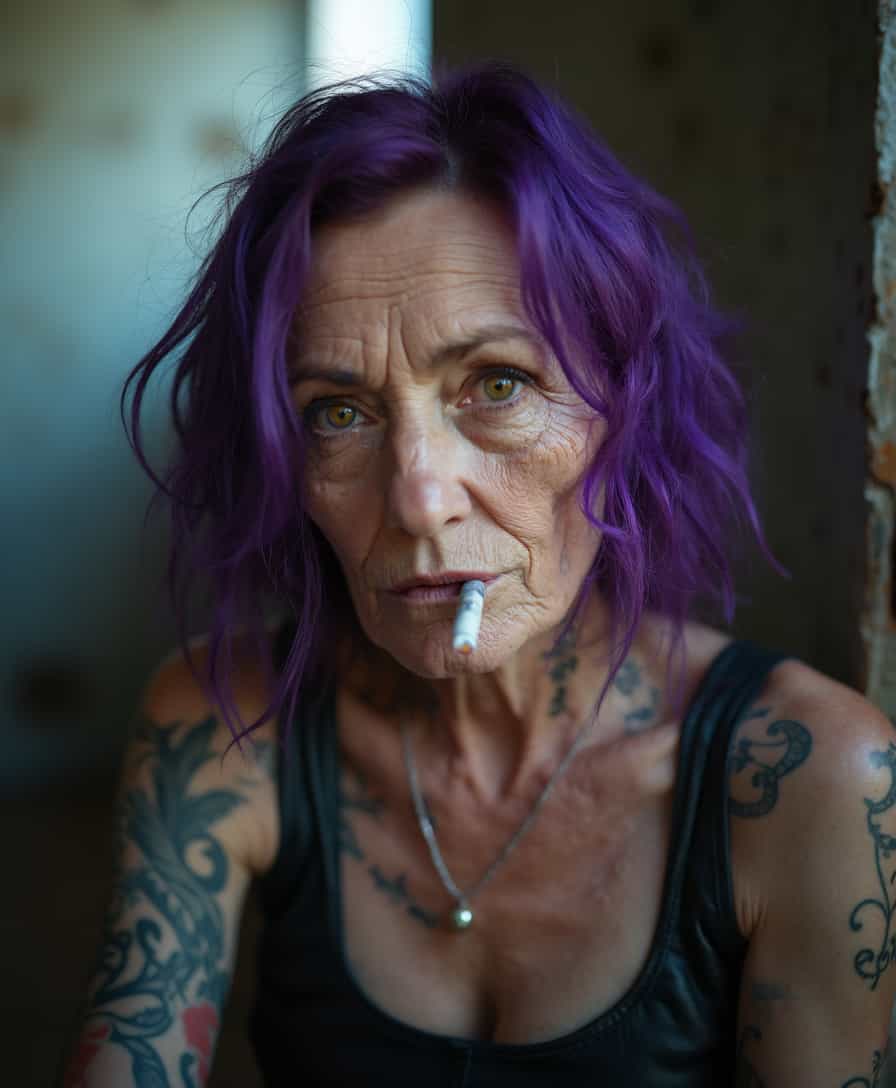 RAW photo, a candid full body portrait of a beautiful 70 year old woman with purple colored hair, wrinkled face, (black leather tank top), face tattoos, body tattoos, black lipgloss, smoking, cigarette in mouth, smoke, 8k uhd, dslr, soft lighting, high quality, film grain, Fujifilm XT3
small chin, (no freckles:0.5), (no cleft chin:1.5), perfect eyes, glowing irises, ((even eyes)), ((even pupils)), round iris, detailed pupils, light reflections, visible cornea, blood vessels, (wet skin:1.1), (sweat:1.1), white winter skin, wax skin, marble skin, pale skin, clear skin, [[skin blemishes]], skin pores, blush, flushed cheeks, [[[[[moles]]]]], wrinkles, [[[[vitiligo spots]]]], [[whiteheads]], [[[blackheads]]], [pimples], perfect hands, shiny bright eyes, centered pupils, blood vessels in sclera, detailed skin, [[oiled shiny skin]], beauty spots, skin fuzz, shine from within, hands off face, moles, nipples, not asian  <lora:FLUX_polyhedron_all_1300:1>