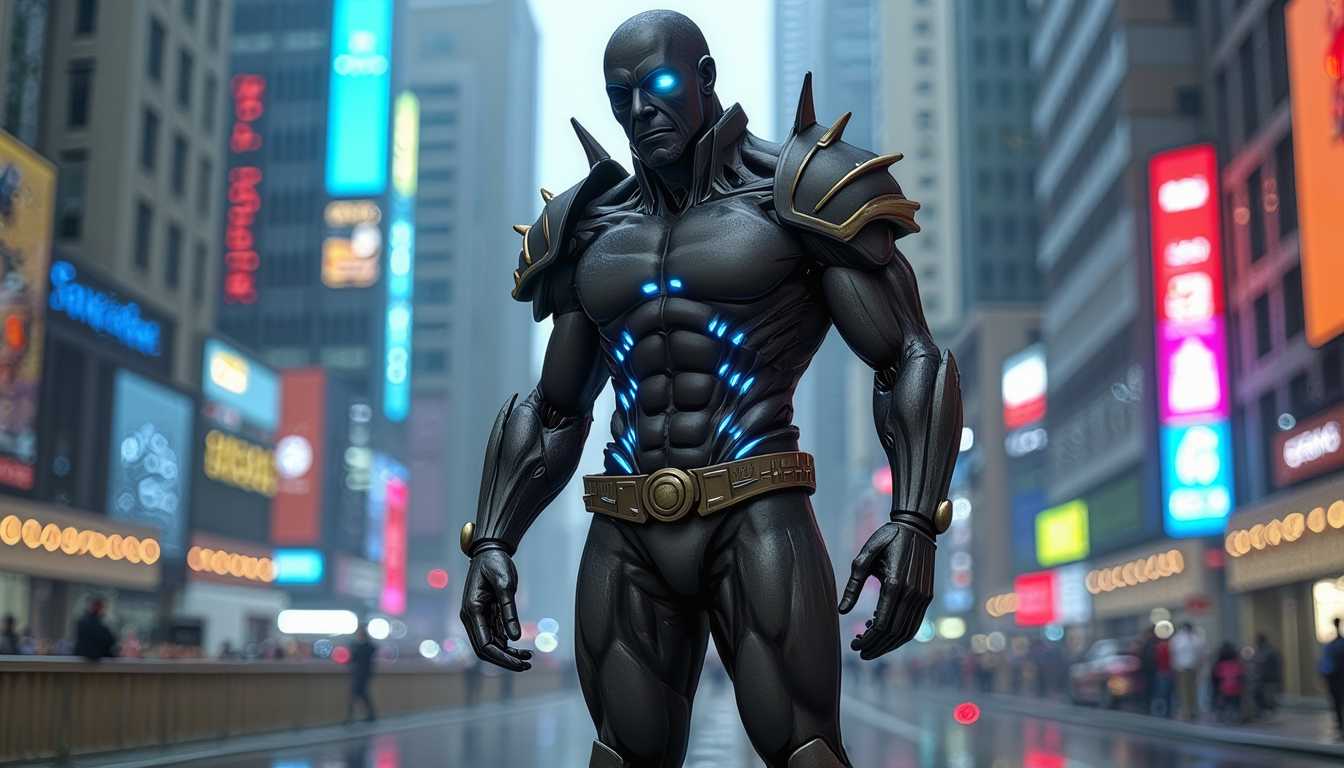 a photo of MONZI4, , Create a striking image of a half-robot, half-human warrior standing in the midst of a dystopian cyberpunk city. The warrior has a powerful, imposing figure, with one side of his body made of sleek, advanced cybernetic armor, complete with glowing blue circuits and mechanical limbs. The human side shows rugged, battle-worn features, with scars and tattoos visible on his skin. His eyes are a piercing blend of organic and cybernetic, glowing with a fierce intensity. The warrior holds a futuristic energy weapon in one hand, and his other hand is a robotic claw, crackling with energy.

The background is a dark, rain-soaked cityscape, with towering skyscrapers covered in neon lights and holographic advertisements. The streets are filled with steam rising from vents, and flying vehicles zoom past in the sky. The atmosphere is gritty and chaotic, with a mix of futuristic technology and decay. The warrior stands ready for battle, embodying the fusion of man and machine in this grim, futuristic world