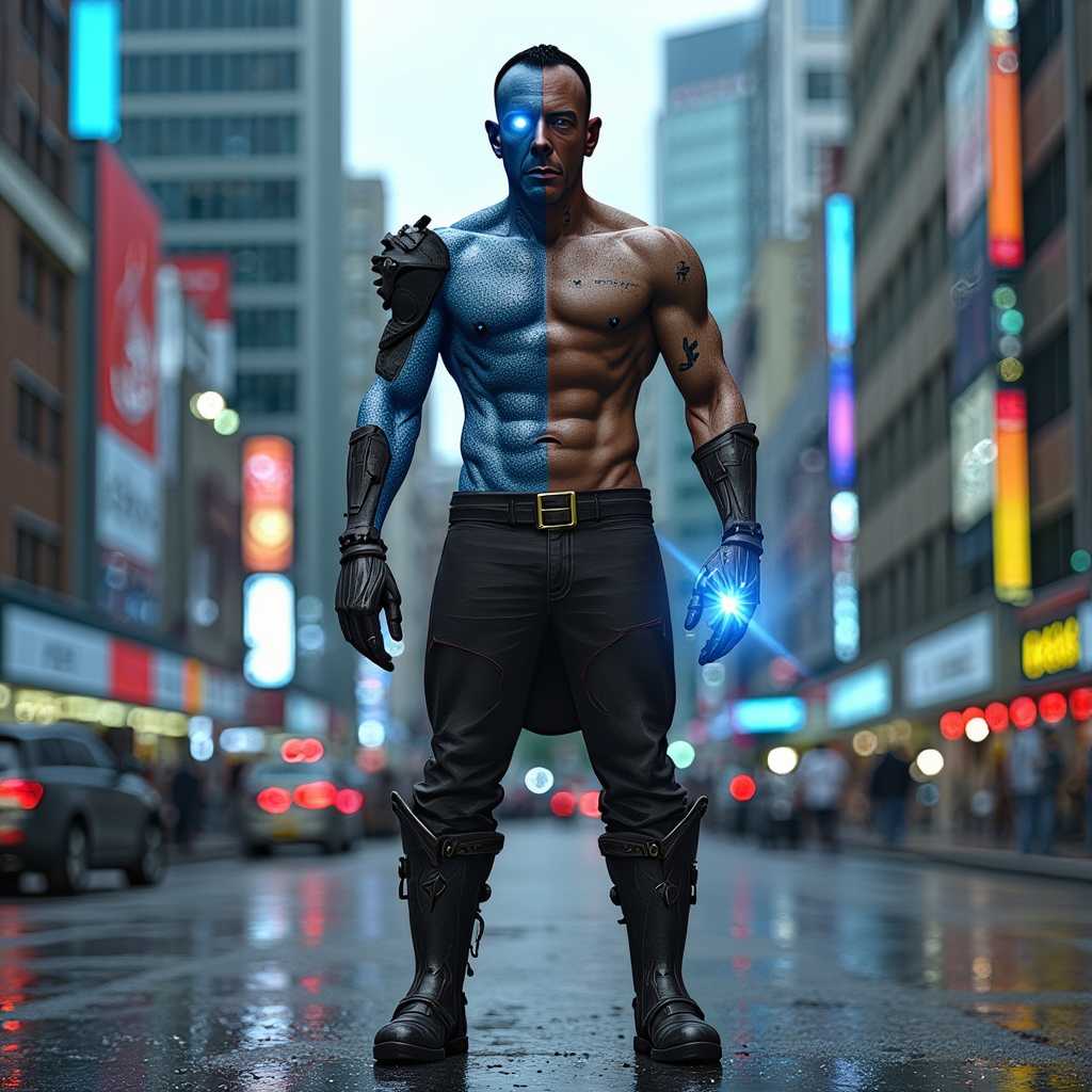a photo of MONZI4, , Create a striking image of a half-robot, half-human warrior standing in the midst of a dystopian cyberpunk city. The warrior has a powerful, imposing figure, with one side of his body made of sleek, advanced cybernetic armor, complete with glowing blue circuits and mechanical limbs. The human side shows rugged, battle-worn features, with scars and tattoos visible on his skin. His eyes are a piercing blend of organic and cybernetic, glowing with a fierce intensity. The warrior holds a futuristic energy weapon in one hand, and his other hand is a robotic claw, crackling with energy.

The background is a dark, rain-soaked cityscape, with towering skyscrapers covered in neon lights and holographic advertisements. The streets are filled with steam rising from vents, and flying vehicles zoom past in the sky. The atmosphere is gritty and chaotic, with a mix of futuristic technology and decay. The warrior stands ready for battle, embodying the fusion of man and machine in this grim, futuristic world