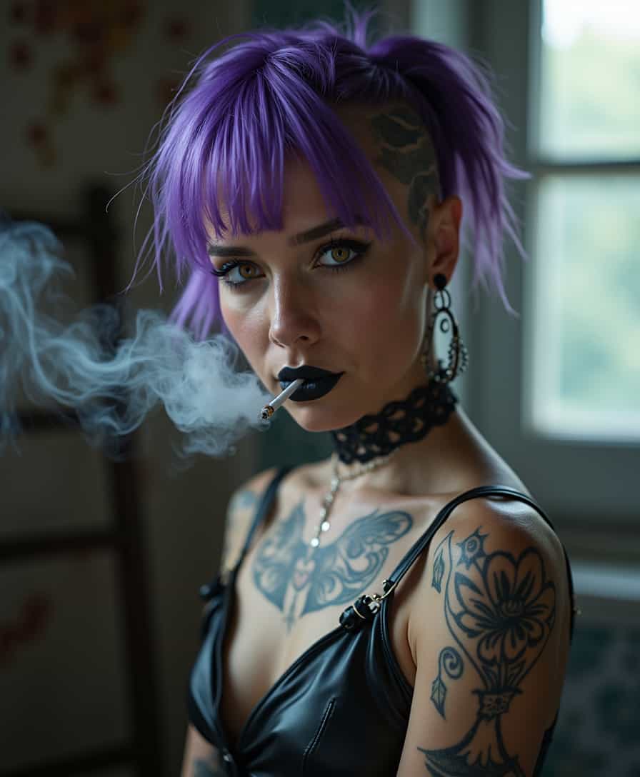 Vibrant Purplehaired Individual with Edgy Fashion and Tattoos