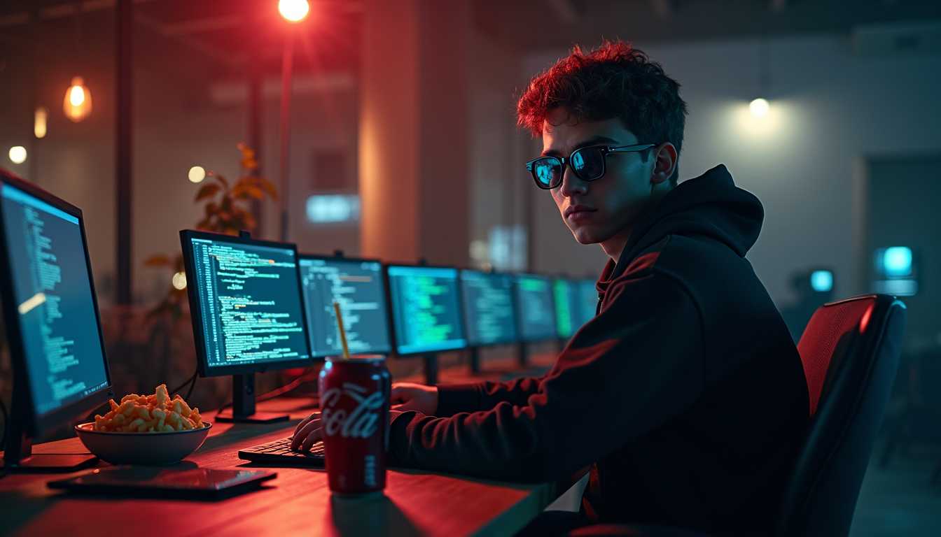 RAW photo of young male hacker wearing black hoody and black sunglasses, sitting in front of desk with many laptops and monitors, hacker sitting infant of laptop with script running on screen, fast food and coke on desk, background with modern loft, neon lights, dark scene, low light,  intrinsic high details, 8k uhd, dslr, soft lighting, high quality, film grain, Fujifilm XT3
