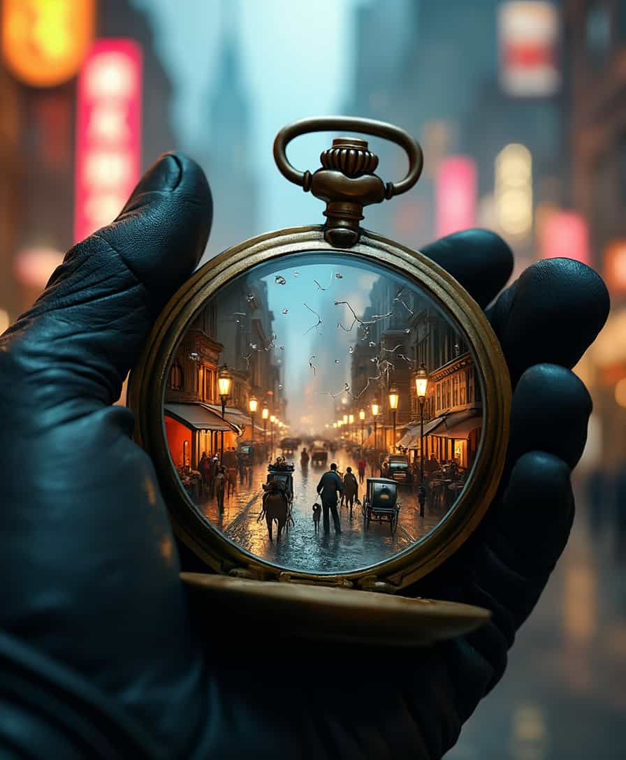 A close-up of an old, cracked pocket watch held in a gloved hand, the glass face missing, revealing not gears but a miniature, frozen moment in time insideâa bustling Victorian street, with tiny horse-drawn carriages and pedestrians, all paused mid-action. The buildings within the watch are intricately detailed, with tiny street lamps casting a soft, golden glow. The glove is made of finely stitched leather, and in the background, a cyberpunk crowded mega-polys street, fades into the neon light and smoke, late night, skyscrapers, futuristic cars
