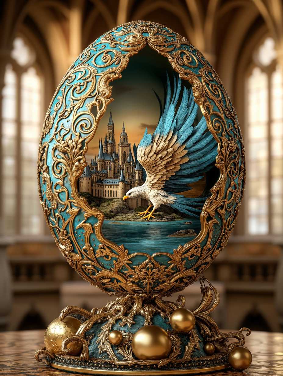  The image showcases a highly detailed, ornate egg that serves as a portal or a window into a fantastical scene. The egg itself is intricately designed with elaborate gold and blue filigree, giving it a luxurious and mystical appearance. The surface of the egg is decorated with patterns resembling ancient runes or magical symbols, further enhancing its enchanted vibe. The egg is partially opened or cracked, revealing a vivid, magical world inside. This inner world features a grand, medieval-style castle with towering spires, situated on a rugged cliff overlooking a serene river or lake. The castle and its surroundings are bathed in a golden light, suggesting either a sunrise or sunset, casting warm tones across the landscape. A large, majestic bird, possibly a phoenix or an eagle, is depicted emerging from the egg, its wings outstretched as if in flight. The bird is intricately detailed, with feathers that shimmer with hints of gold and blue, blending seamlessly with the egg’s ornate design. The background of the image features a grand hall or cathedral-like interior with towering, arching windows that allow soft, ambient light to pour in, creating a mystical atmosphere. Scattered around the base of the egg are small, golden orbs or eggs, possibly magical artifacts or treasures, lying on a surface adorned with more intricate designs and patterns. The overall composition of the image blends elements of fantasy, magic, and luxury, creating a striking and otherworldly visual. The egg acts as a gateway to a magical realm, inviting viewers to explore the fantastical world within.