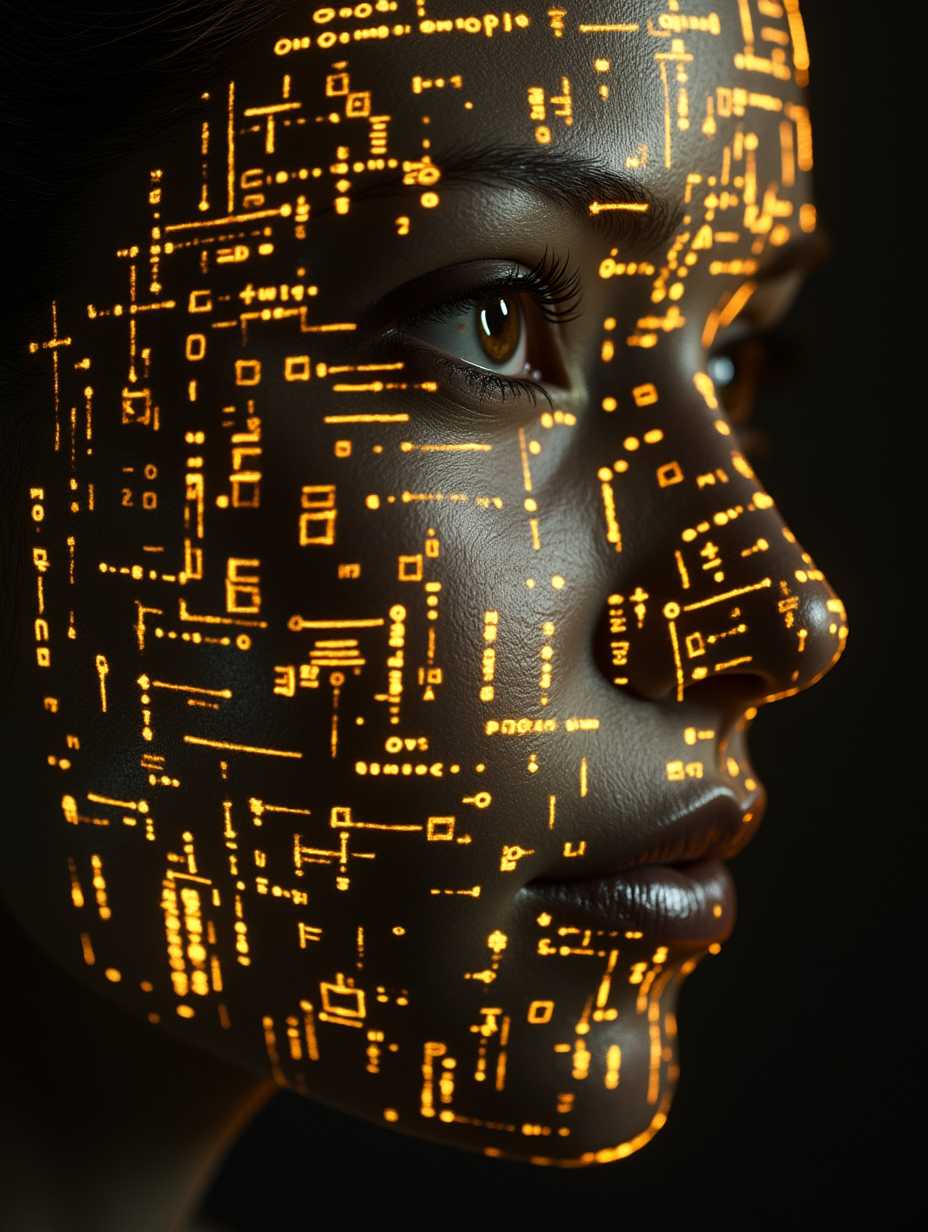 Shadowrun Math Projection - A close-up of a person's face (Jessica Szohr) with set logical ambient background, DayGlo black gold holographic equations projected Crisis Point their skin. The background is Ghost and [Egyptian|Folk], with the equations appearing Cinestill and ever-changing, creating a World of Warcraft and perfect symmetry mood detailmaximizer,