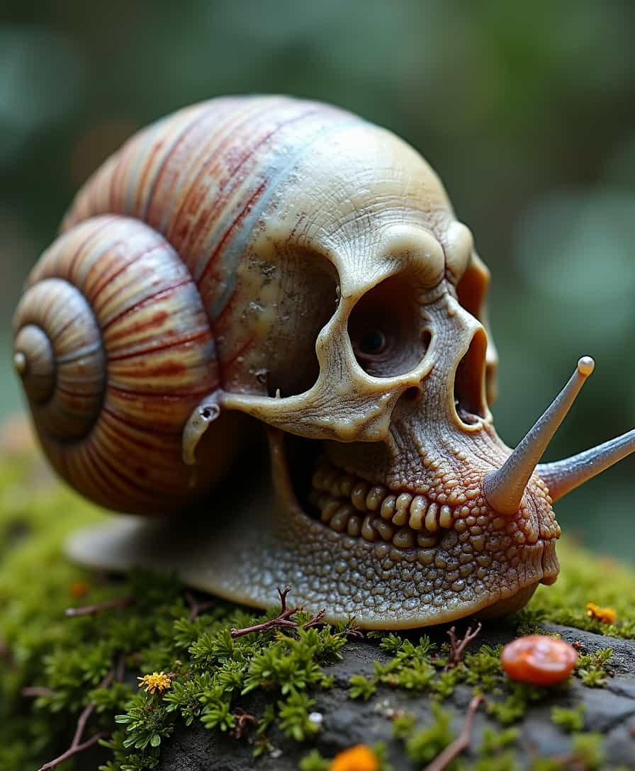 A close up of a snail with a human skull shell, mossy, flowers, colorful,  sparkling
