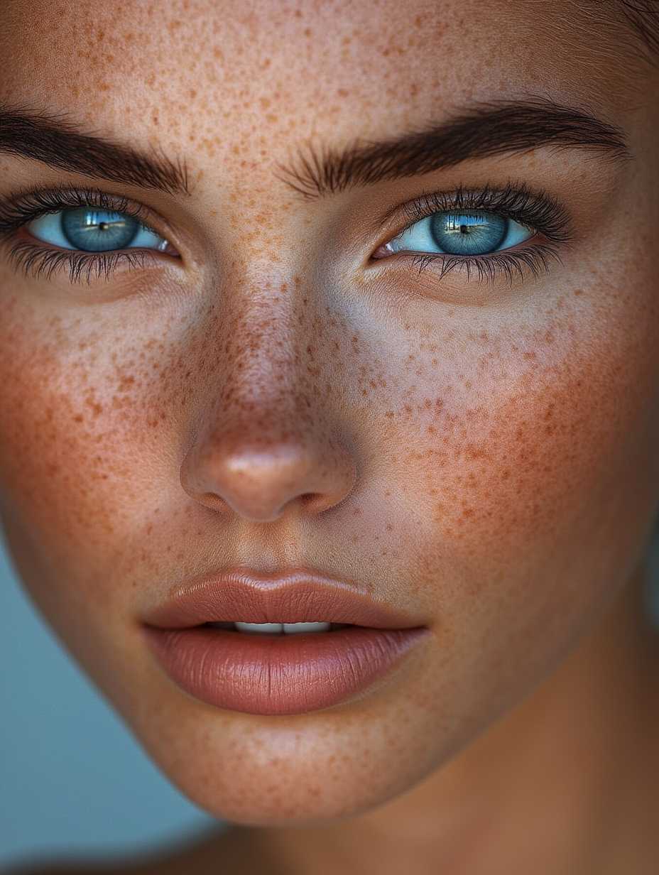 Create a portrait of upper body of a beautiful woman with a serene expression. She has large, almond-shaped eyes that are a deep, mesmerizing blue, framed by long, dark eyelashes. Her eyebrows are perfectly arched and delicate, adding grace to her gaze. Intrinsic detailed skin texture, skin pores, light freckles, Her skin is flawless, with a soft, natural glow, Her lips are full and slightly parted, revealing a hint of a gentle smile, with a natural rosy hue. Her nose is small and perfectly proportioned to her face. The overall mood is one of calm and introspective beauty. The art style should be hyper-realistic, capturing every minute detail, with a soft, diffused lighting that highlights the texture of her skin and the depth of her expression, reminiscent of classical portrait paintings but with a modern, cyberpunk twist.