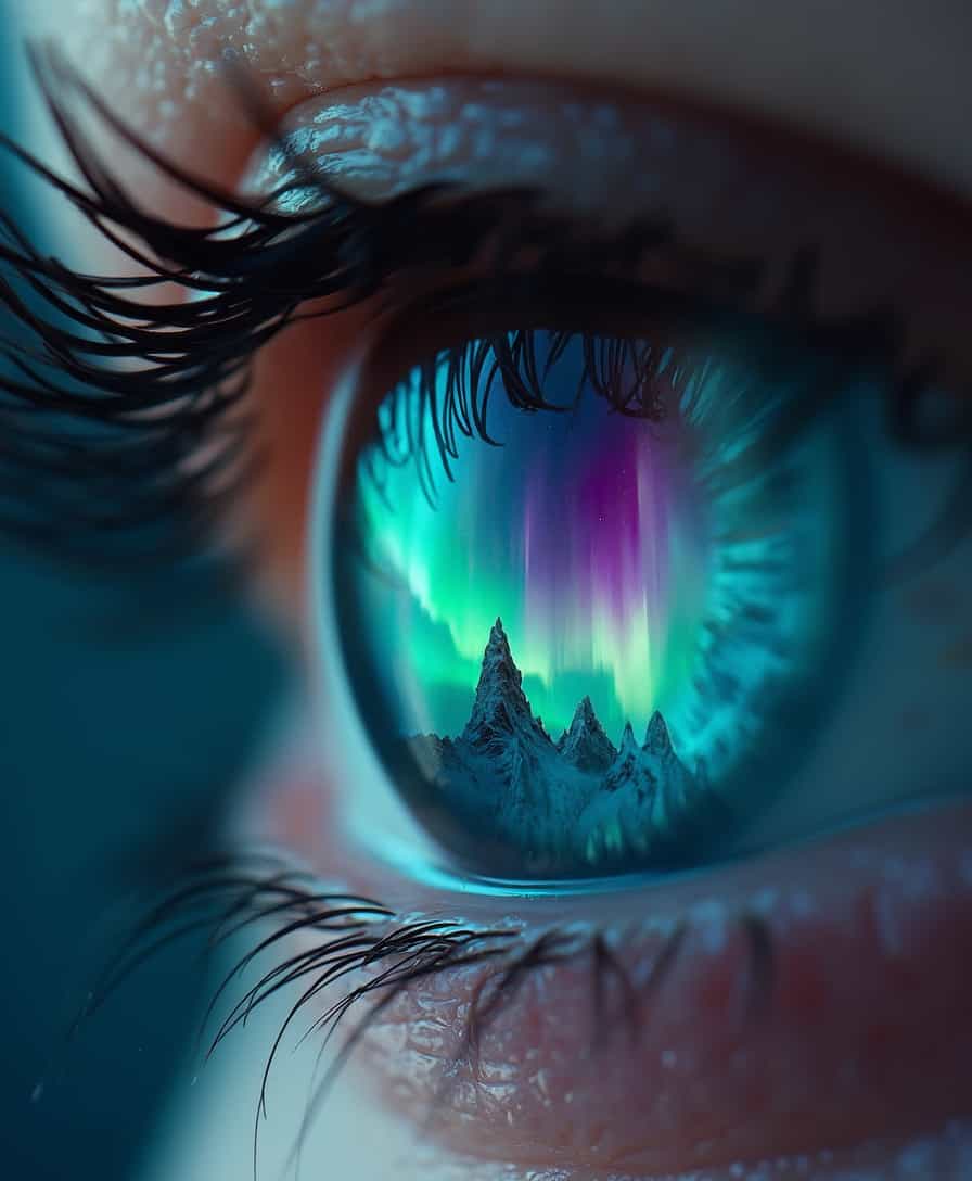 Ultra-realistic extreme close-up of a human eye, where the primary focus is on the pupil. The reflection within the pupil dominates the image, vividly capturing a breathtaking night sky with swirling northern lights in shades of green, purple, and blue. The glowing aurora borealis is sharply detailed, as if the lights are dancing within the eye itself. The rest of the eye and surrounding skin are slightly out of focus, drawing all attention to the mesmerizing reflection of the night sky. The image conveys a sense of deep connection between the eye and the vast, mysterious beauty of the northern lights., closeup portrait photography, beautiful eyes, capturing emotion, personality, flattering lighting, professional, engaging, compelling composition
