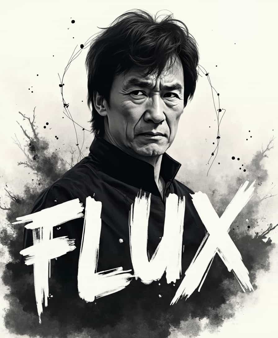 <lora:Martial_Arts_World:1>
Scene Description: Jackie Chan in Ink Wash Style
Setting:
Background: The backdrop is an ethereal ink wash, featuring soft gradients of black and gray that evoke a sense of grandeur and focus. The background is minimalistic, allowing the character and text to take center stage.
Main Character:
Jackie Chan: The iconic martial artist and actor is depicted in a powerful half-body close-up. His expression is one of determination and charisma, embodying the spirit of a hero. The perspective angle enhances his stature, making him appear larger-than-life, radiating strength and confidence.
Details: Jackie Chanâs features are rendered with intricate brush strokes, capturing the essence of his personality. His eyes convey intensity and focus, while subtle details like the texture of his hair and the contours of his face are highlighted through the ink wash technique.
Calligraphy:
Text: The word "FLUX" is boldly featured, rendered in a dramatic, sweeping style that captures the viewer's attention. The letters are large and expressive, designed to evoke a sense of power and movement.
Style: The calligraphy mimics the fluidity of martial arts, with exaggerated curves and sharp angles that convey energy and dynamism. The ink splatters around the letters add an element of excitement, making the text feel alive and impactful. Each letter seems to pulse with energy, enhancing the overall vibrancy of the piece.
Additional Elements:
Ink Effects: The monochromatic palette consists of varying shades of black and gray, creating depth and texture. The ink wash technique lends a hand-painted quality to the artwork, emphasizing the natural flow and movement.
Dynamic Lines: Subtle lines and swirls are incorporated around Jackie Chan and the text, suggesting action and energy. These elements enhance the sense of motion, making it feel as if the character is in the midst of a powerful martial arts move.
Atmosphere:
The overall mood is one of strength, resilience, and heroism, celebrating the legacy of Jackie Chan in martial arts and film. The bold "FLUX" commands attention, serving as a powerful focal point that embodies the essence of movement and vitality. This piece beautifully merges traditional ink wash techniques with a modern, dynamic expression, creating a striking homage to Jackie Chan's impact on martial arts and cinema.
