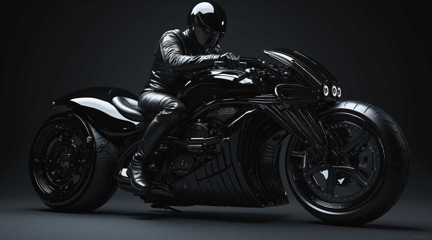 This image is a highresolution photograph that captures a person seated on a motorcycle. The art style is realistic with a focus on lighting and shadow to create a threedimensional effect. The medium is digital photography, as indicated by the sharpness and clarity of the image.The colors in the image are primarily black and shades of gray, with a few highlights of chrome and reflective surfaces that catch the light. The motorcycle and the persons clothing are predominantly black, which gives the image a sleek and monochromatic appearance. The background is a solid black, which serves to isolate and emphasize the subject.The subject of the image is a person dressed in a full black leather outfit, including a jacket, pants, and boots. The person is seated on a shiny black motorcycle with chrome details, such as the handlebars, headlight, and wheels. The motorcycle has a classic design with a Vtwin engine visible in the center, and the front wheel is equipped with a brake rotor and caliper.The lighting in the image is dramatic, with the subject and motorcycle being the focal points. The lighting source is coming from above and to the right of the subject, casting a shadow behind the motorcycle and creating a silhouette effect. The highlights on the motorcycle and the persons clothing give the image a glossy and reflective quality.Overall, the image exudes a sense of style and rebellion, often associated with motorcycle culture. The subjects pose and the shiny, polished appearance of the motorcycle contribute to the overall mood of the photograph.