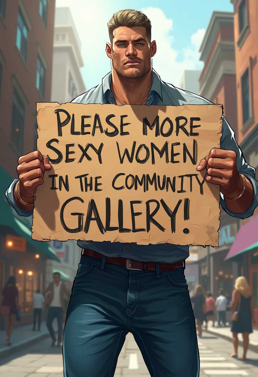 **Prompt:**

A highly detailed digital illustration of Giga Chad standing confidently in the center of the image. He is depicted with his signature chiseled features, strong jawline, and muscular physique. Giga Chad is holding a large, clearly readable sign that says, "Please more sexy women in the community gallery!" The background is a dynamic, energetic urban setting with a slight bokeh effect to draw focus on Giga Chad. 

**Visual Details**: The textures on Giga Chad's shirt and jeans are realistic, with shadows and highlights emphasizing his muscular build. The sign is made of cardboard, with a hand-written message in bold black marker.

**Style**: Digital art with a hyper-realistic, slightly exaggerated comic book style, reminiscent of modern superhero illustrations.

**Composition**: Giga Chad is centered and takes up most of the foreground, with the sign positioned over his chest at an angle to make it readable but not obstruct his posture. The camera angle is low, capturing him from a slightly upward angle to enhance his imposing presence.

**Mood and Atmosphere**: The atmosphere is bold and assertive, reflecting Giga Chad’s confident demeanor. It is daytime, with strong, crisp lighting casting sharp shadows and highlights, enhancing the realism and depth
