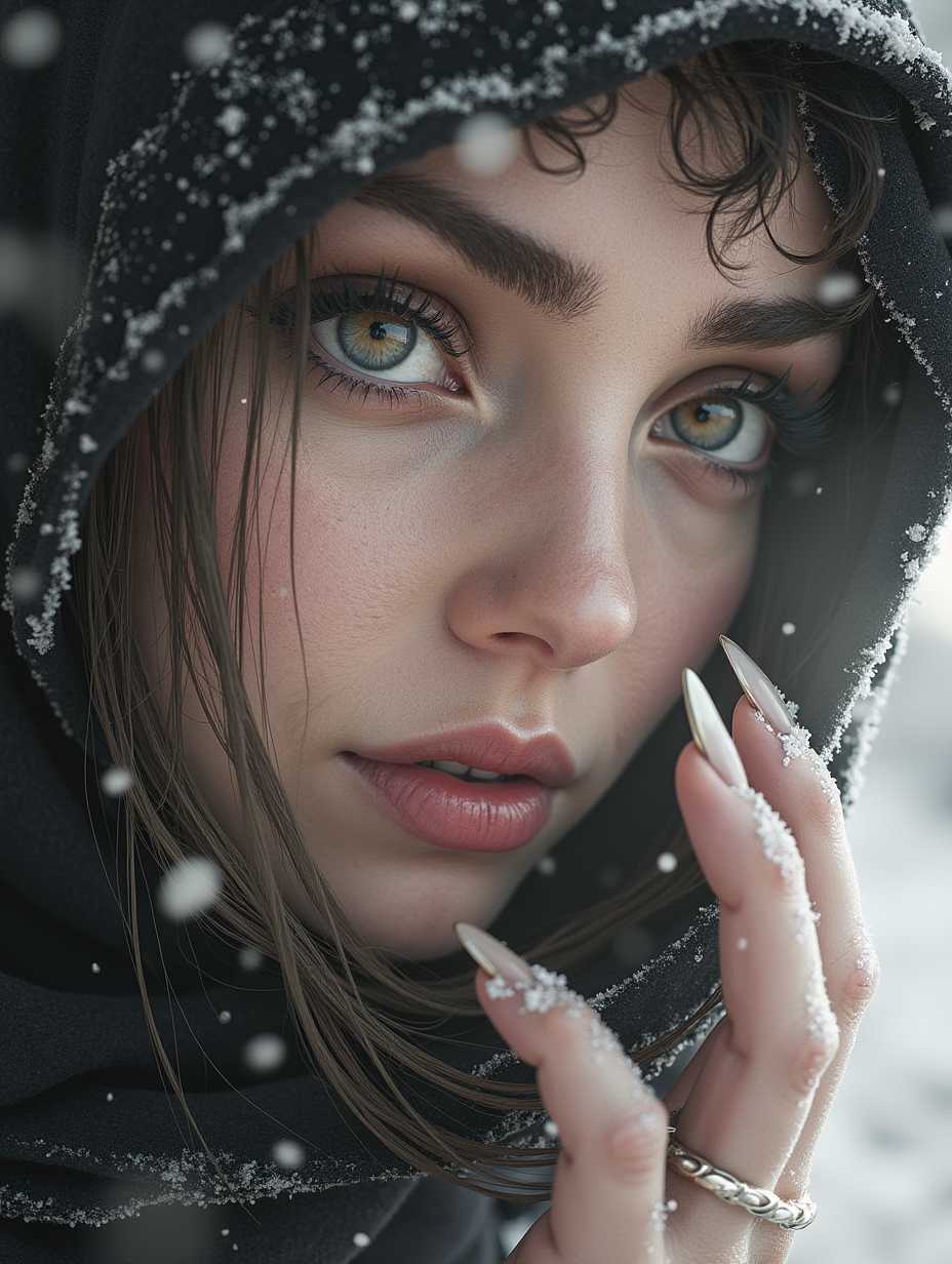  An over-the-shoulder shot focusing on her face, with the hood partially obscuring her features, adding a sense of mystery and intrigue. Photorealistic close-up of a mysterious woman in a dark, snow-dusted cloak, her pale skin and pink lips standing out against the cold, wintry background, with her eyes reflecting the soft light of the snow-covered landscape Intricate embroidery on the cloak, with subtle glimmers of silver thread catching the light, enhancing the luxurious texture.A faint, mystical fog rolling in from the background, partially obscuring the scene and adding a sense of mystery.Intricately designed metallic accents on her clothing, reflecting the light subtly and adding a regal, sophisticated touch. The woman extends one hand outwards, palm up as if catching snowflakes, her eyes gently following the falling snow, with a soft smile on her lips. cinematic lighting, extremely intricate detail character, accurate depiction of character, correct body anatomy, correct hands and fingers, extremely intricate skin and facial skin texture detail, lifelike potrayal, extremely realistic lighting, extreme dynamic pose. Extremely sharp detail without blurring