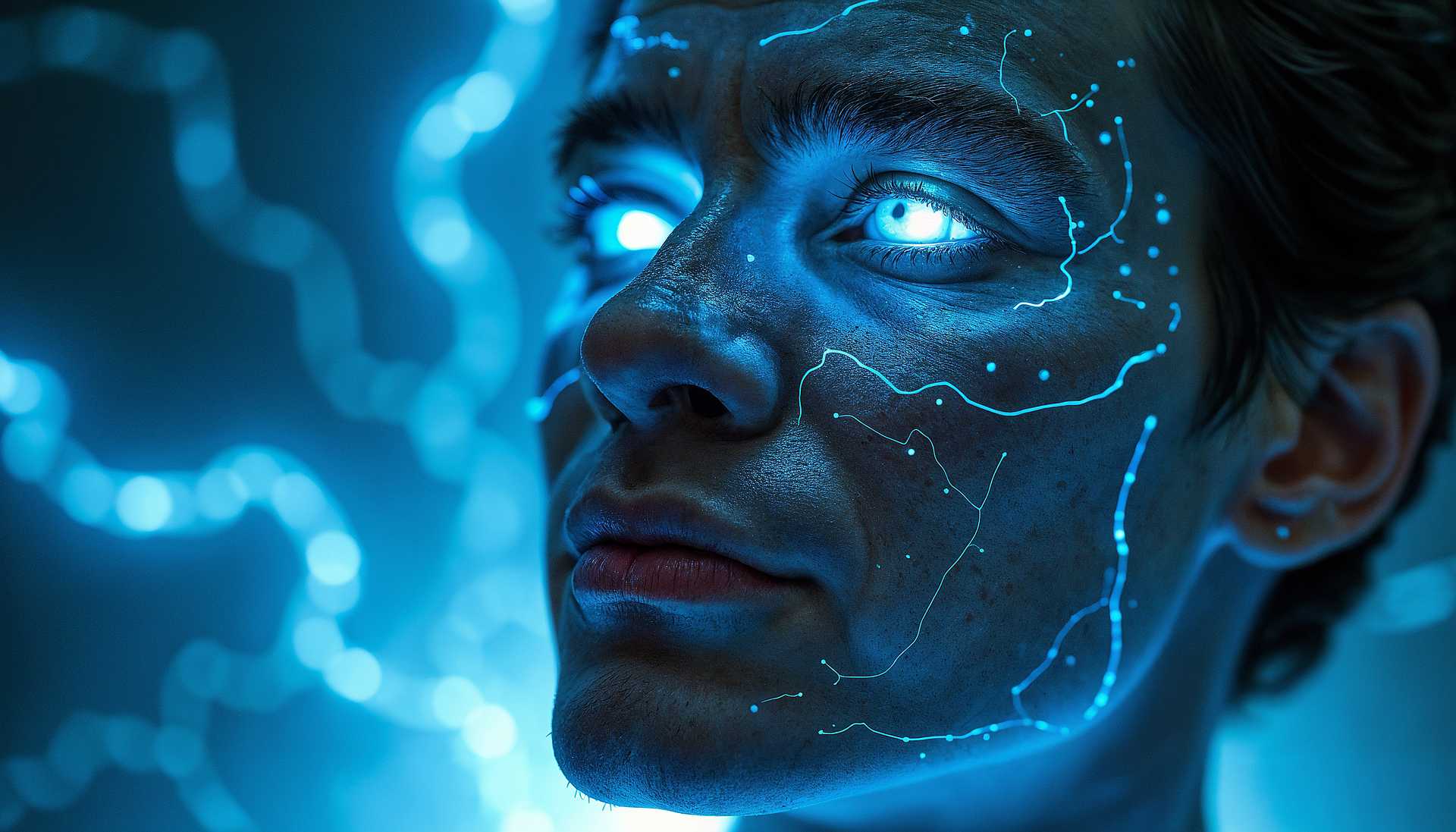 Portrait of a Man with Glowing Blue Eyes and Digital Circuitry Patterns