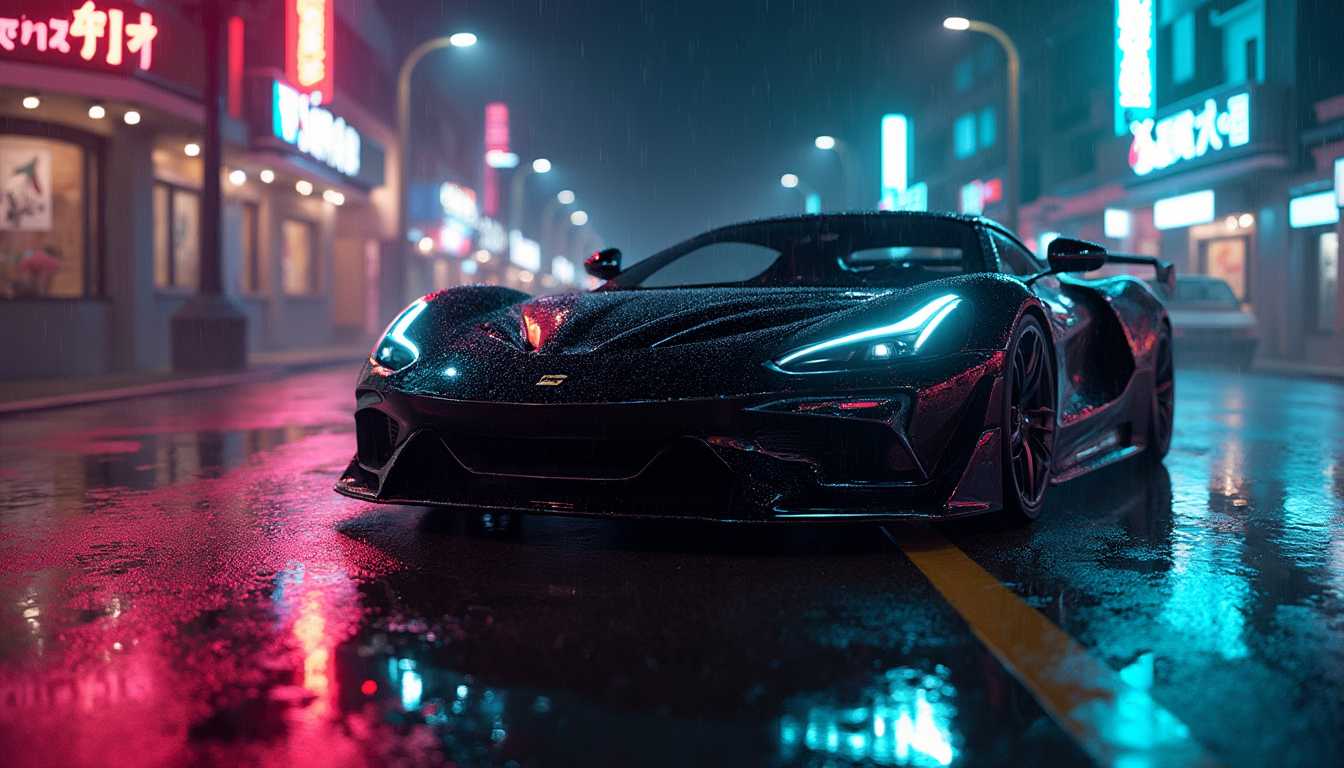 A sleek sports car with a glossy black paint job parked on a wet street at nighttime, neon lights of various colors reflecting off the glistening ground and the car's shiny surface. Ambient light bounces off the scene, creating a vibrant and dynamic atmosphere. The car is positioned close enough so that the water droplets on its surface are visible, each bead of water perfectly capturing the neon reflections. The scene is captured from a low angle, highlighting the reflections and the intricate details of the wet surface. The mood is electric and cinematic, with the interplay of light and shadow, rainy conditions, and a cityscape background glowing with fluorescent signs. The style is hyper-realistic with a touch of cyberpunk aesthetics, emphasizing high contrast, vivid colors, and the glossy, reflective textures.