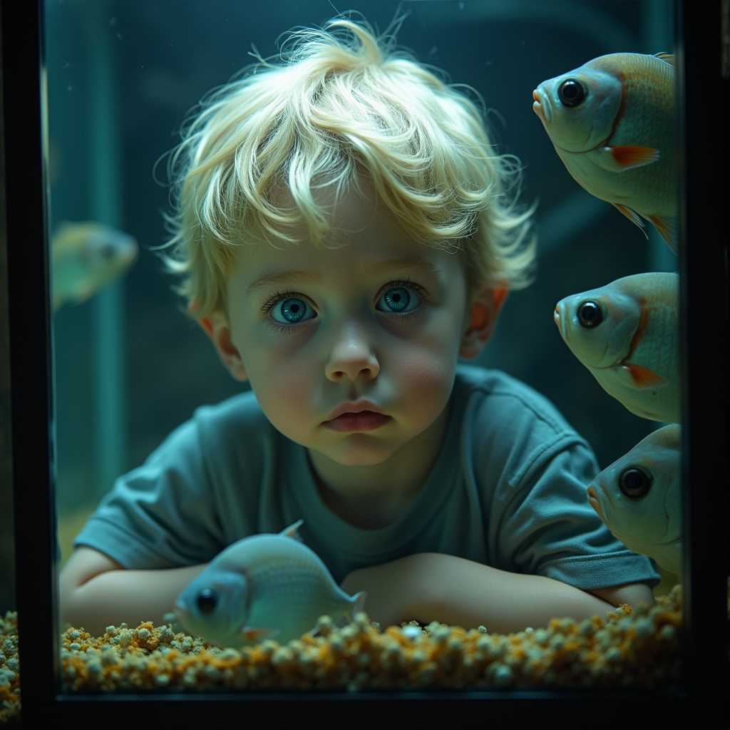 amateur photo of a little boy who has striking blue eyes and very blonde hair, who is looking trough a cubic aquarium which has big and scary looking piranhas. the boy's expression suggests an innocent yet sad curiosity