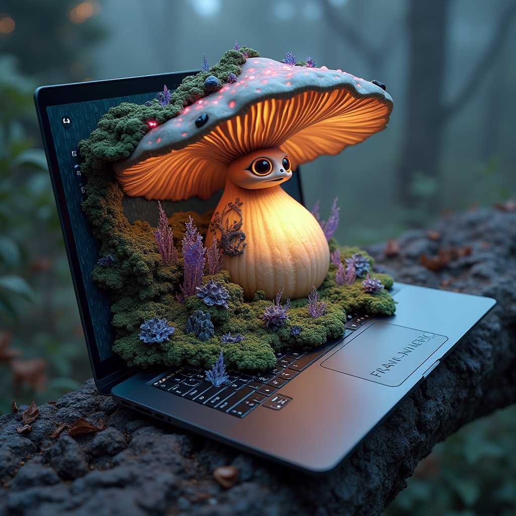 Create an awe-inspiring, 3D-rendered image of a sleek, high-end laptop viewed from a 45-degree angle. The surface of the laptop is transformed into a grand, immersive artwork that seamlessly blends fantasy with cutting-edge design.

The cover features a breathtaking scene inspired by the enchanting, intricate style of Brian Froud. In the upper right corner, a colossal, living mushroom cap dominates the space, its velvety, earthen-brown surface adorned with glowing, phosphorescent lichen that radiates an ethereal light. The cap curves gracefully, mirroring the laptop's sleek design, while giving the impression of a gateway to another world.

Beneath the cap, centered majestically on the surface, is a plump, pearlescent body with a texture reminiscent of polished marble, resting on a sprawling bed of luminous, emerald-green moss that appears almost alive. The creature's enormous, multifaceted eyes, resembling shimmering amethysts, gaze upwards, reflecting the subtle glow from the laptop's ambient lighting. The eyes create a focal point that draws the viewer into the depth of the scene.

The background of the cover is a stunning tapestry of glowing fungal threads and crystalline formations, stretching across the entire surface in a swirling, mesmerizing pattern that suggests the interconnectedness of life and the mysteries of the cosmos. The crystalline structures are rendered in intricate detail, reflecting and refracting light in a kaleidoscope of colors, adding a dynamic sense of movement and grandeur to the design.

Across the surface, integrate futuristic, glowing text that reads "Gateway to the Mystical Realms" in a bold, otherworldly font. The text should arc across the top of the laptop cover, its letters crafted from iridescent, metallic material that catches the light from every angle, creating a sense of depth and dimension.

In the lower right corner, prominently inscribe "FRANK-NINGBO" in an elegant, raised metallic font. The letters should have a reflective, holographic finish, shifting colors as the laptop moves, ensuring the name stands out as a signature mark of this extraordinary design. The overall scene should exude a sense of grandeur and mystique, turning the laptop into not just a device, but a portal to a vast, unseen world filled with endless possibilities.
