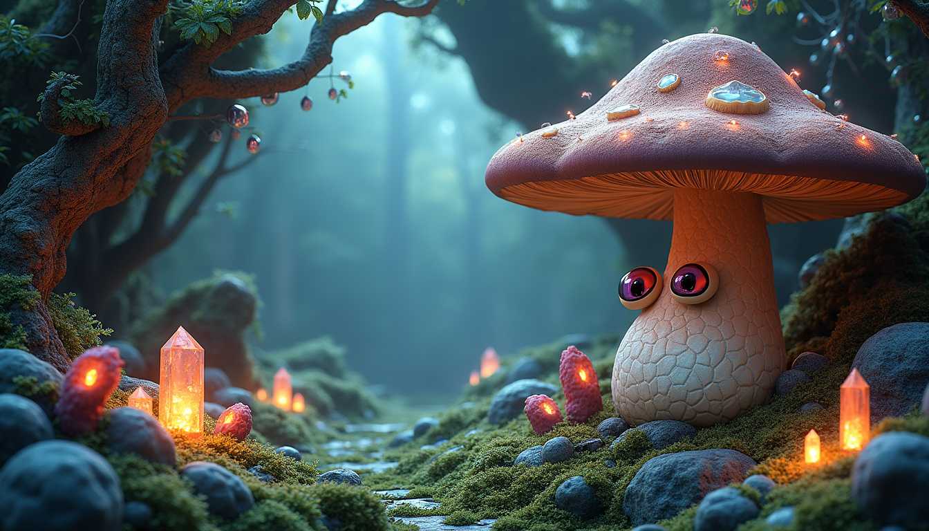 Create an awe-inspiring, 3D-rendered flat artwork that embodies a grand, immersive scene blending fantasy and intricate design, inspired by the magical style of Brian Froud.

The composition centers around a colossal, living mushroom cap in the upper right corner. The cap, velvety and earthen-brown, is adorned with glowing phosphorescent lichen that emits an ethereal light, casting soft glows and shadows across the scene. The cap’s graceful curve anchors the image, creating a sense of balance and depth as it seems to emerge from the very surface of the canvas.

Beneath the cap, at the heart of the scene, lies a plump, pearlescent body with a smooth, polished texture resembling marble. It rests delicately on a sprawling bed of luminous, emerald-green moss that covers the ground, almost pulsating with life. The creature's enormous, multifaceted eyes, shimmering like amethysts, gaze upwards, reflecting the soft glow emanating from the scene. These eyes act as a focal point, drawing the viewer deeper into the mysterious environment.

The background is a breathtaking tapestry of glowing fungal threads and crystalline formations, stretching across the entire canvas. These elements intertwine in a swirling, mesmerizing pattern, evoking a sense of interconnectedness and the vast, hidden beauty of the natural world. The crystalline structures are intricately detailed, reflecting light in a kaleidoscope of colors, adding dynamic movement and grandeur to the piece.

Floating within the scene is the text "Gateway to the Mystical Realms," rendered in a bold, futuristic font. The text arcs gracefully across the upper portion of the canvas, its letters crafted from iridescent, metallic material that catches light from different angles, creating a striking visual effect. The text integrates seamlessly into the environment, as if it is part of the mystical world depicted.

In the lower right corner, prominently displayed, the name "FRANK-NINGBO" is inscribed in an elegant, raised metallic font. The letters have a reflective, holographic finish, shifting colors as they catch the light, making the signature a standout element in the composition. The overall scene exudes a sense of grandeur and mystique, transforming the flat surface into a portal to an unseen world filled with endless possibilities.
