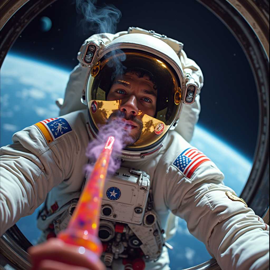 amateur photo selfie of an astronaut from a satellite, being the Earth planet visible in the photo also. the astronaut is smoking from a colorful glass pipe, blowing colorful smoke,  the image has a psychedelic filter