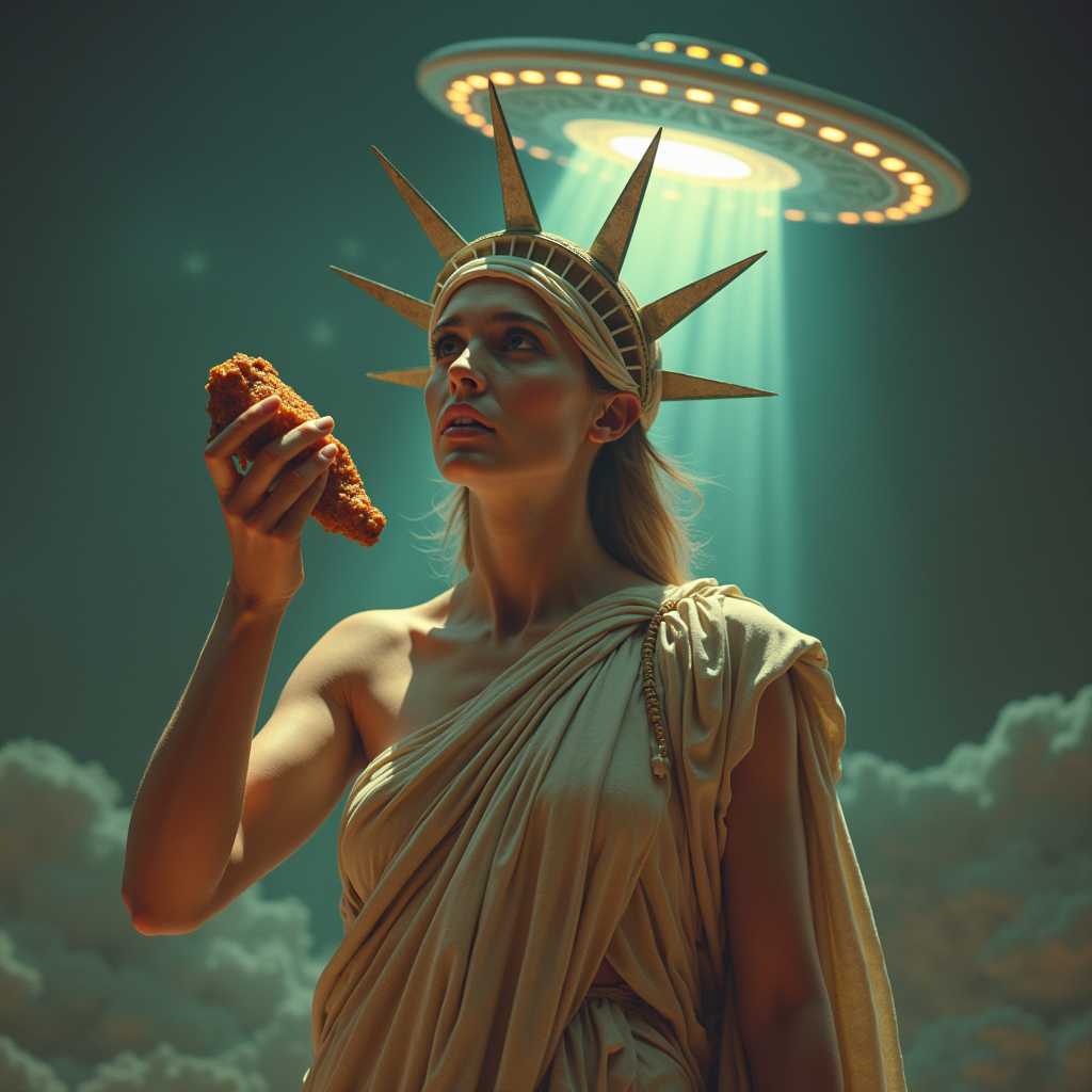 Amateur photo of an alive version of the Libertas, the Roman goddess of liberty, eating chicken wings, being abducted by an UFO
