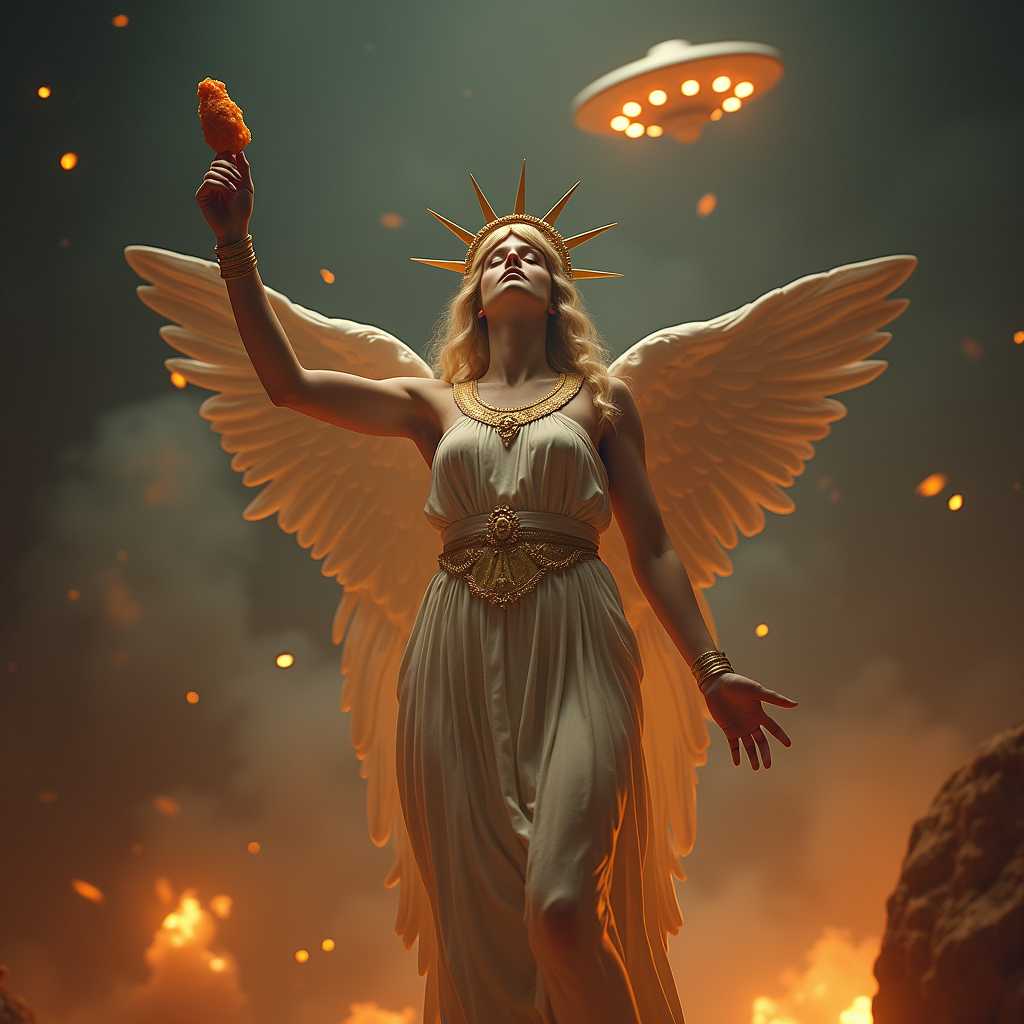 Amateur photo of an alive version of the Libertas, the Roman goddess of liberty, eating hot chicken wings, being abducted by an UFO