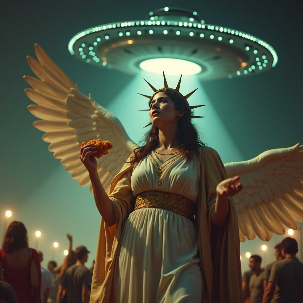 Amateur photo of an alive version of the Libertas, the Roman goddess of liberty, eating hot chicken wings, being abducted by an UFO