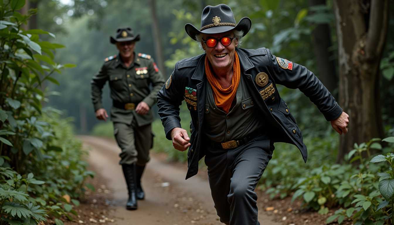 a photo of SteffN man,, SteffN, A dynamic and cinematic action shot featuring SteffN, an elegant 50-year-old man. SteffN is at the forefront, running and jumping towards the camera with intense energy on a dimly lit South American jungle pathway. SteffN is laughing, exuding confidence, dressed in a rugged, cool black dirty skin jacket adorned with intricate Aztec artifacts and charms. The jacket's collar is sharply turned up, adding an edgy flair to his look. Beneath, SteffN wears a dirty white shirt with a similarly upturned collar. Black EXPLORER survival trousers with a lot of pockets. On his feet are black hiking boots with noticeable BOOTSTRAPS, completing his adventurous attire. A coal-black cowboy hat, adorned with Aztec decorations, including a prominent round Aztec sun god badge on the front OF HAT and a hat band made of jade stones, rests on his head. A BLACK BELT WITH A SNAKE BUCKLE AND A LOT OF SMALL BLACK LEATHER BAGS IN THE BELT, Around his neck, SteffN wears an orange bandana with azure blue Aztec symbols AROUND HES NECK. His WEARS transparent orange-colored glasses with a shiny coal-black spectacle frame.

Enhanced Artifact Description: In his right hand, SteffN clutches a striking, glowing artifact—a coiled golden snake with intricate Aztec carvings along its body. The snake’s scales emit a faint, pulsating coal-black light, contrasting sharply with its radiant golden hue. The snake's head is prominently visible, with gleaming emerald eyes that seem to come alive with each motion. The artifact is central to the scene, its mystical glow casting eerie reflections on SteffN’s hand and face, emphasizing its power and significance. The snake artifact’s presence is impossible to ignore, dominating the viewer's attention as it almost seems to move with SteffN’s rapid pace.

Background & Action: Just behind and to the left of SteffN, a WW2 Nazi general in full uniform is in hot pursuit. The general is aiming and firing his weapon at SteffN.the Nazi general remains crisp and sharply defined in the image to emphasize his menacing presence. The action is captured in a dramatic close-up of the bullet whizzing past SteffN, with a visible jet stream trailing behind it, reminiscent of slow-motion scenes from action movies. The bullet is dangerously close, adding tension to the scene.

Setting & Atmosphere: The setting is an eerie, mystical South American rainforest at night, illuminated by volumetric moonlight from a full moon. The ruins of an ancient Aztec temple loom in the background, casting long shadows across the scene. The environment is filled with an orange glow, highlighting the supernatural elements. Giant water droplets hang in the air, adding a surreal touch to the action-packed moment. The atmosphere is charged with tension, mystery, and the thrill of the chase.