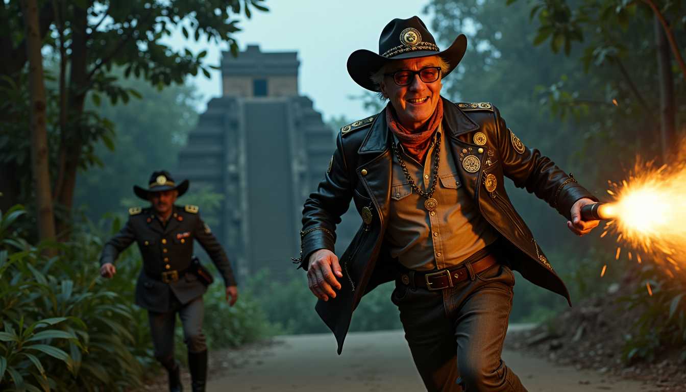 A dynamic and cinematic action shot featuring SteffN, an elegant 46-year-old man. SteffN is at the forefront, running and jumping towards the camera with intense energy on a dimly lit South American jungle pathway. SteffN is laughing, exuding confidence, dressed in a rugged, cool black dirty skin jacket adorned with intricate Aztec artifacts and charms. The jacket's collar is sharply turned up, adding an edgy flair to his look. Beneath, SteffN wears a dirty white shirt with a similarly upturned collar. On his feet are black military boots with noticeable buckles, completing his adventurous attire. A coal-black cowboy hat, adorned with Aztec decorations, including a prominent round Aztec sun god badge on the front and a hatband made of jade stones, rests on his head. Around his neck, SteffN wears an orange bandana with azure blue Aztec symbols. His face is partially obscured by transparent orange-colored glasses with a shiny coal-black spectacle frame. In his right hand, SteffN clutches a faintly glowing gold snake artifact (ESSENCIAL++).

Background & Action: Just behind and to the left of SteffN, a WW2 Nazi general in full uniform is in hot pursuit, aiming and firing his weapon at SteffN. The general's presence is menacing, HE STANDS OUT IN THE PICTURE AS CRISP CLEAR QUALITY, NOT BLURED, and the action is captured in a dramatic close-up of the bullet whizzing past SteffN, with a visible jet stream trailing behind it, reminiscent of slow-motion scenes from action movies. The bullet is dangerously close, adding tension to the scene.

Setting & Atmosphere: The setting is an eerie, mystical South American rainforest at night, illuminated by volumetric moonlight from a full moon. The ruins of an ancient Aztec temple loom in the background, casting long shadows across the scene. The environment is filled with an orange glow, highlighting the supernatural elements. Giant water droplets hang in the air, adding a surreal touch to the action-packed moment. The atmosphere is charged with tension, mystery, and the thrill of the chase.