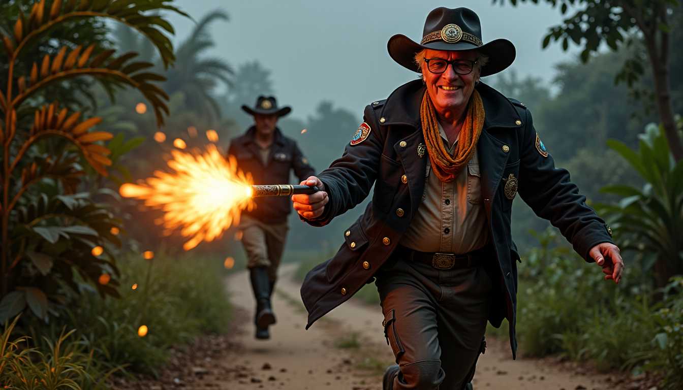 A dynamic and cinematic action shot featuring SteffN, an elegant 50-year-old man. SteffN is at the forefront, running and jumping towards the camera with intense energy on a dimly lit South American jungle pathway. SteffN is smiling, exuding confidence, dressed in a rugged, cool black dirty skin jacket adorned with intricate Aztec artifacts and charms. The jacket's collar is sharply turned up, adding an edgy flair to his look. Beneath, SteffN wears a dirty white shirt with a similarly upturned collar. On his feet are black military boots with noticeable buckles, completing his adventurous attire. A coal-black cowboy hat, adorned with Aztec decorations, including a prominent round Aztec sun god badge on the front and a hatband made of jade stones, rests on his head. Around his neck, SteffN wears an orange bandana with azure blue Aztec symbols. Black cargo pants. a black belt with a snake buckle. His face is partially obscured by transparent orange-colored glasses with a shiny coal-black spectacle frame. In his right hand, SteffN clutches a faintly glowing gold snake artifact ESSENCIAL

Background & Action: Just behind and to the left of SteffN, a WW2 Nazi general in full uniform is in hot pursuit, aiming and firing his weapon at SteffN. The general's presence is menacing, HE STANDS OUT IN THE PICTURE AS CRISP CLEAR QUALITY, NOT BLURED, and the action is captured in a dramatic close-up of the bullet whizzing past SteffN, with a visible jet stream trailing behind it, reminiscent of slow-motion scenes from action movies. The bullet is dangerously close, adding tension to the scene.

Setting & Atmosphere: The setting is an eerie, mystical South American rainforest at night, illuminated by volumetric moonlight from a full moon. The ruins of an ancient Aztec temple loom in the background, casting long shadows across the scene. The environment is filled with an orange glow, highlighting the supernatural elements. Giant water droplets hang in the air, adding a surreal touch to the action-packed moment. The atmosphere is charged with tension, mystery, and the thrill of the chase.



