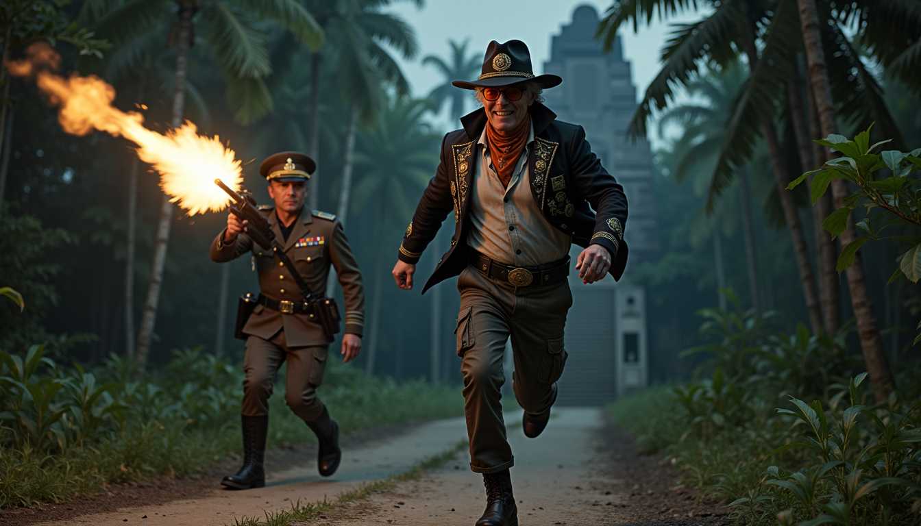 A dynamic and cinematic action shot featuring SteffN, an elegant 50-year-old man. SteffN is at the forefront, running and jumping towards the camera with intense energy on a dimly lit South American jungle pathway. SteffN is smiling, exuding confidence, dressed in a rugged, cool black dirty skin jacket adorned with intricate Aztec artifacts and charms. The jacket's collar is sharply turned up, adding an edgy flair to his look. Beneath, SteffN wears a dirty white shirt with a similarly upturned collar. On his feet are black military boots with noticeable buckles, completing his adventurous attire. A coal-black cowboy hat, adorned with Aztec decorations, including a prominent round Aztec sun god badge on the front and a hatband made of jade stones, rests on his head. Around his neck, SteffN wears an orange bandana with azure blue Aztec symbols. Black cargo pants. a black belt with a snake buckle. His face is partially obscured by transparent orange-colored glasses with a shiny coal-black spectacle frame. In his right hand, SteffN clutches a faintly glowing gold snake artifact ESSENCIAL  Background & Action: Just behind and to the left of SteffN, a WW2 Nazi general in full uniform is in hot pursuit, aiming and firing his weapon at SteffN. The general's presence is menacing, HE STANDS OUT IN THE PICTURE AS CRISP CLEAR QUALITY, NOT BLURED, and the action is captured in a dramatic close-up of the bullet whizzing past SteffN, with a visible jet stream trailing behind it, reminiscent of slow-motion scenes from action movies. The bullet is dangerously close, adding tension to the scene.  Setting & Atmosphere: The setting is an eerie, mystical South American rainforest at night, illuminated by volumetric moonlight from a full moon. The ruins of an ancient Aztec temple loom in the background, casting long shadows across the scene.´ Giant water droplets hang in the air, adding a surreal touch to the action-packed moment. The atmosphere is charged with tension, mystery, and the thrill of the chase.
