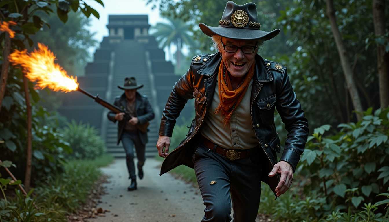 A dynamic and cinematic action shot featuring SteffN, an elegant 50-year-old man. SteffN is at the forefront, white teath, running and jumping towards the camera with intense energy on a dimly lit South American jungle pathway. SteffN is smiling, exuding confidence, dressed in a rugged, cool black dirty skin jacket adorned with intricate Aztec artifacts and charms. The jacket's collar is sharply turned up, adding an edgy flair to his look. Beneath, SteffN wears a dirty white shirt with a similarly upturned collar. On his feet are black military boots with noticeable buckles, completing his adventurous attire. A coal-black cowboy hat, adorned with Aztec decorations, including a prominent round Aztec sun god badge on the front and a hatband made of jade stones, rests on his head. Around his neck, SteffN wears an orange bandana with azure blue Aztec symbols. Black cargo pants. a black belt with a snake buckle. His face is partially obscured by transparent orange-colored glasses with a shiny coal-black spectacle frame. In his right hand, SteffN clutches a faintly glowing gold snake artifact ESSENCIAL  Background & Action: Just behind and to the left of SteffN, a WW2 Nazi general in full uniform is in hot pursuit, aiming and firing his weapon at SteffN. The general's presence is menacing, HE STANDS OUT IN THE PICTURE AS CRISP CLEAR QUALITY, NOT BLURED, and the action is captured in a dramatic close-up of the bullet whizzing past SteffN, with a visible jet stream trailing behind it, reminiscent of slow-motion scenes from action movies. The bullet is dangerously close, adding tension to the scene.  Setting & Atmosphere: The setting is an eerie, mystical South American rainforest at night, illuminated by volumetric moonlight from a full moon. The ruins of an ancient Aztec temple loom in the background, casting long shadows across the scene.´ Giant water droplets hang in the air, adding a surreal touch to the action-packed moment. The atmosphere is charged with tension, mystery, and the thrill of the chase.