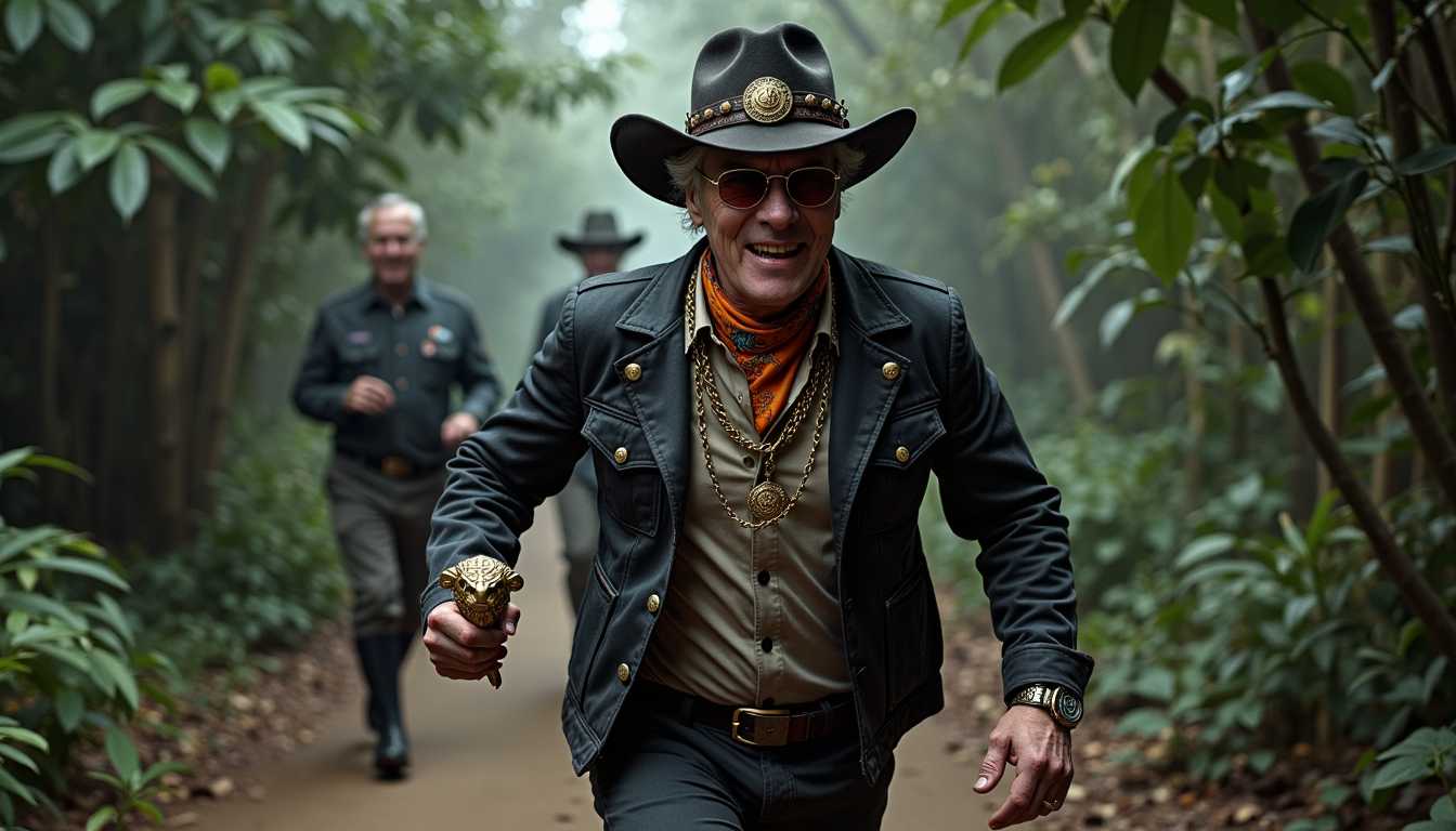 masterpiece, best quality, highres, sharp image, more detail, A dynamic and cinematic action shot featuring SteffN, an elegant 50-year-old man. SteffN is at the forefront, running and jumping towards the camera with intense energy on a dimly lit South American jungle pathway. Steff