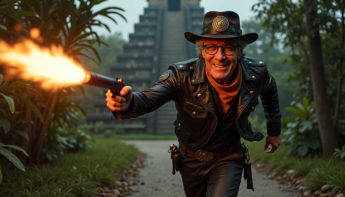 masterpiece, best quality, highres, sharp image, more detail, A dynamic and cinematic action shot featuring SteffN, an elegant 50-year-old man. SteffN is at the forefront, running and jumping towards the camera with intense energy on a dimly lit South American jungle pathway. Steff