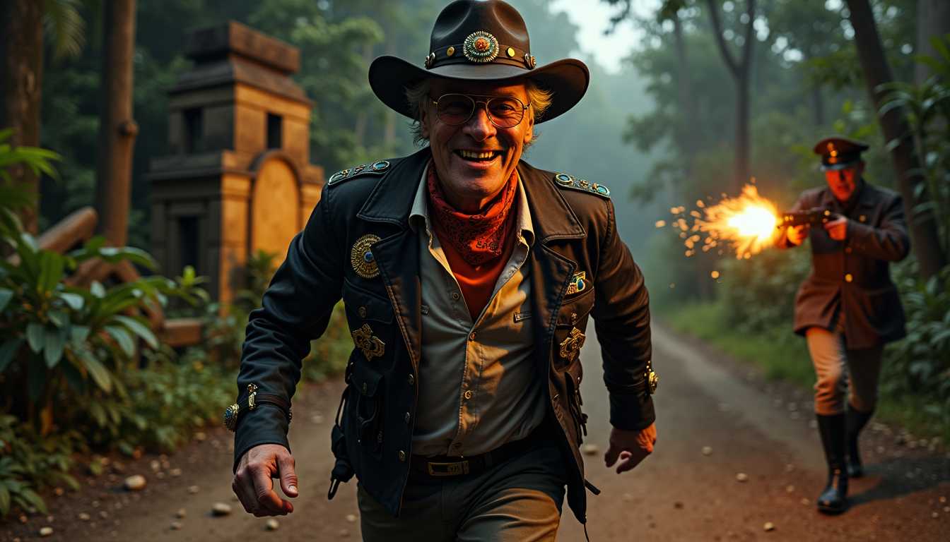 masterpiece, best quality, highres, sharp image, more detail, A dynamic and cinematic action shot featuring SteffN, an elegant 50-year-old man. SteffN is at the forefront, running and jumping towards the camera with intense energy on a dimly lit South American jungle pathway. Steff