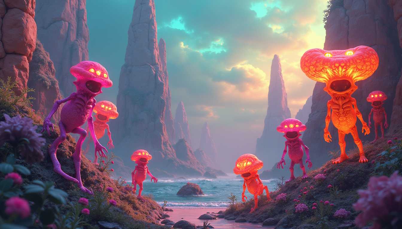 Surreal weird landscape with strange colorful translucent interdimensional critters