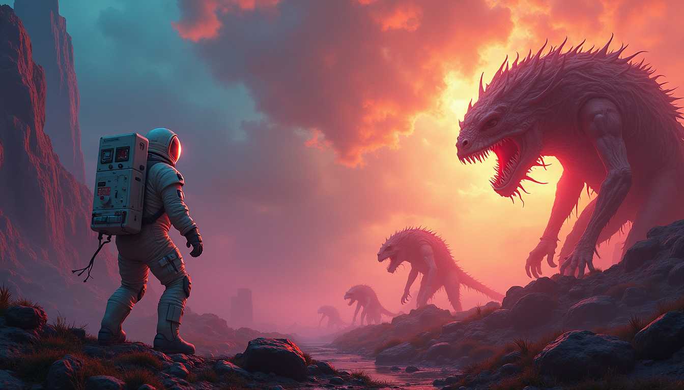 Human astronauts in a Surreal weird landscape attacked bystrange colorful translucent inter dimensional predators 