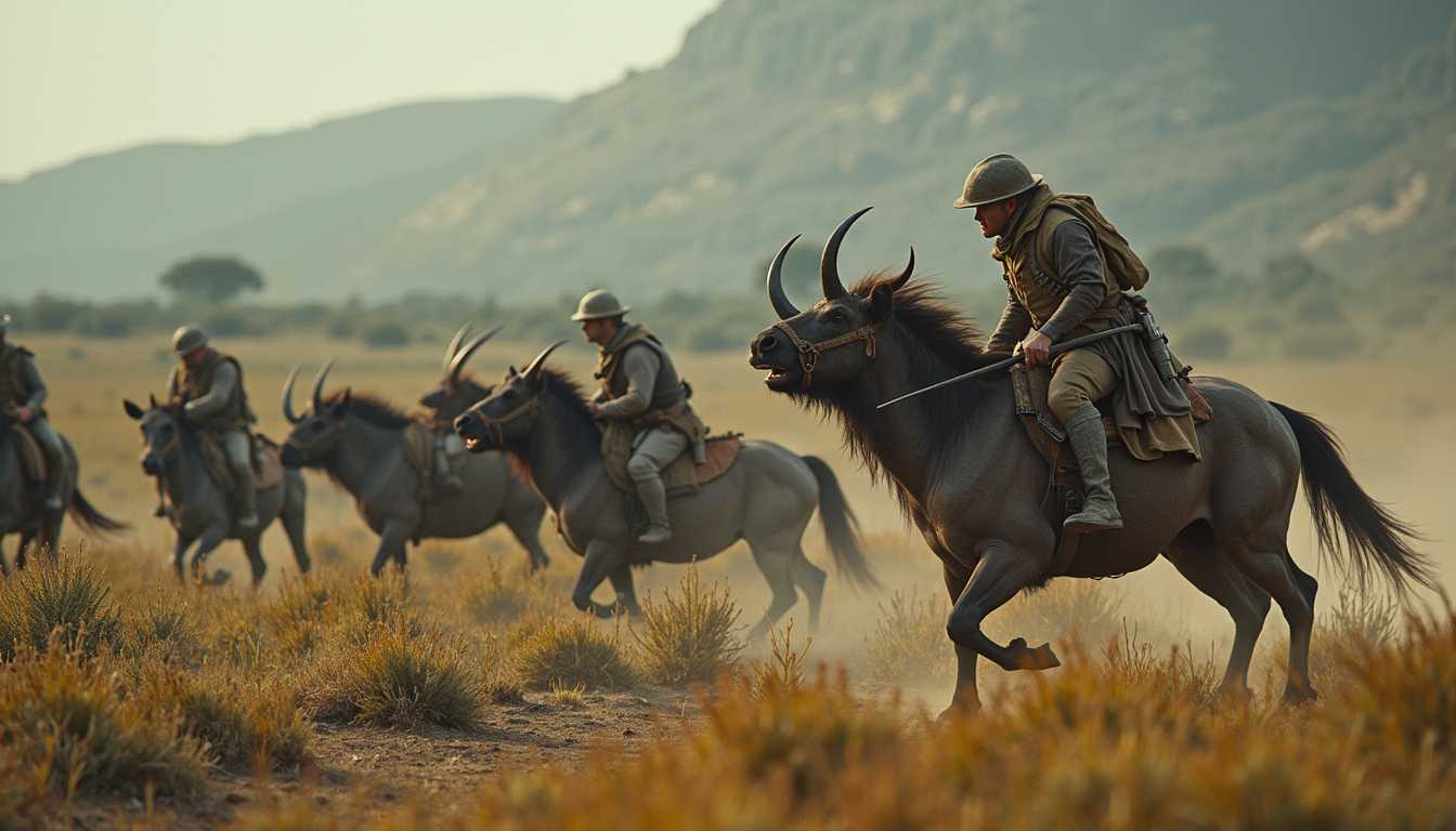 A predator hunting a flok of herbivores in their natural habitat in the Hadean period, dramatic weather